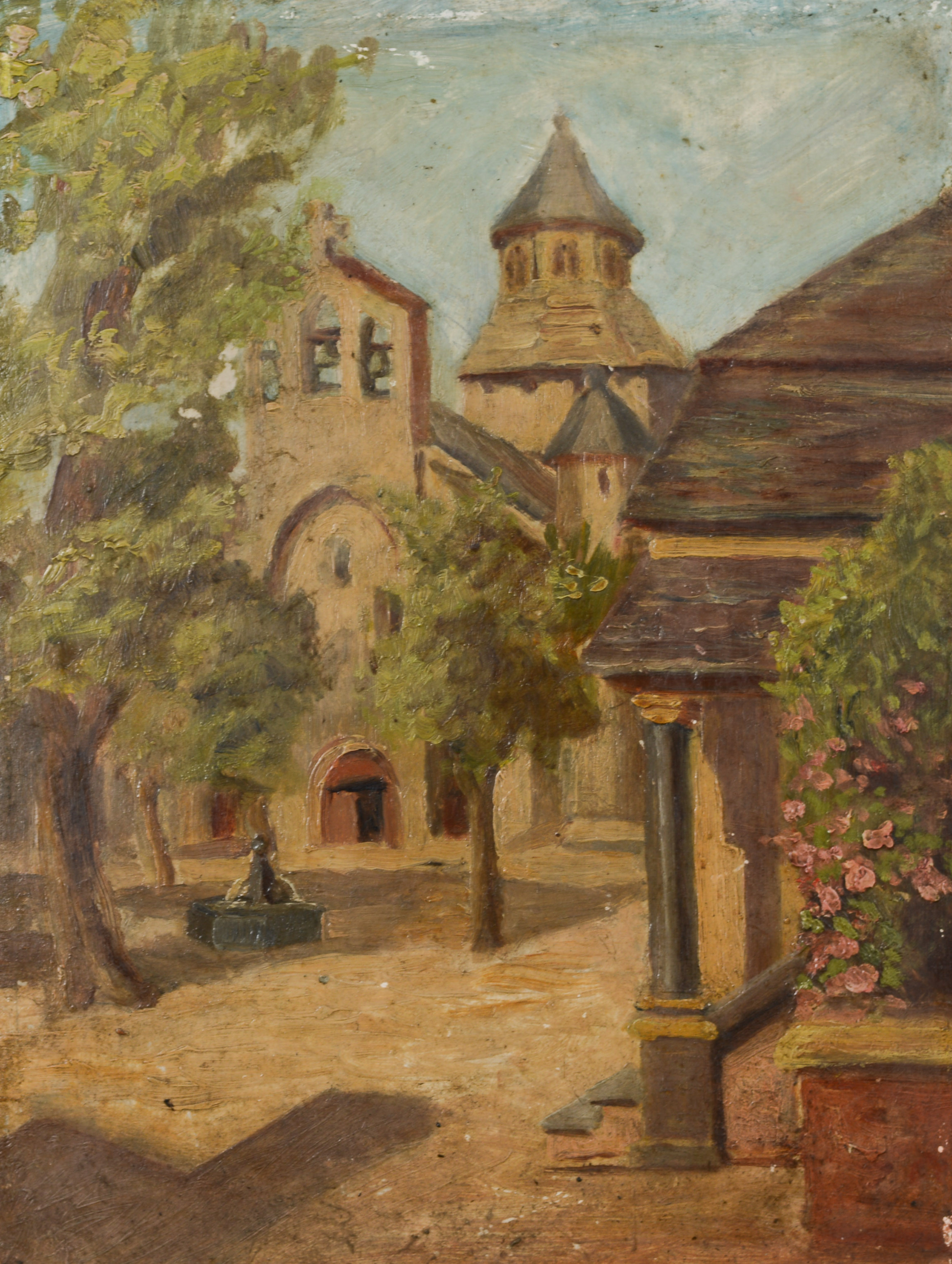OKÄND KONSTNÄR. Utsikt över kyrka, olja på pannå, tidigt 1900-tal.