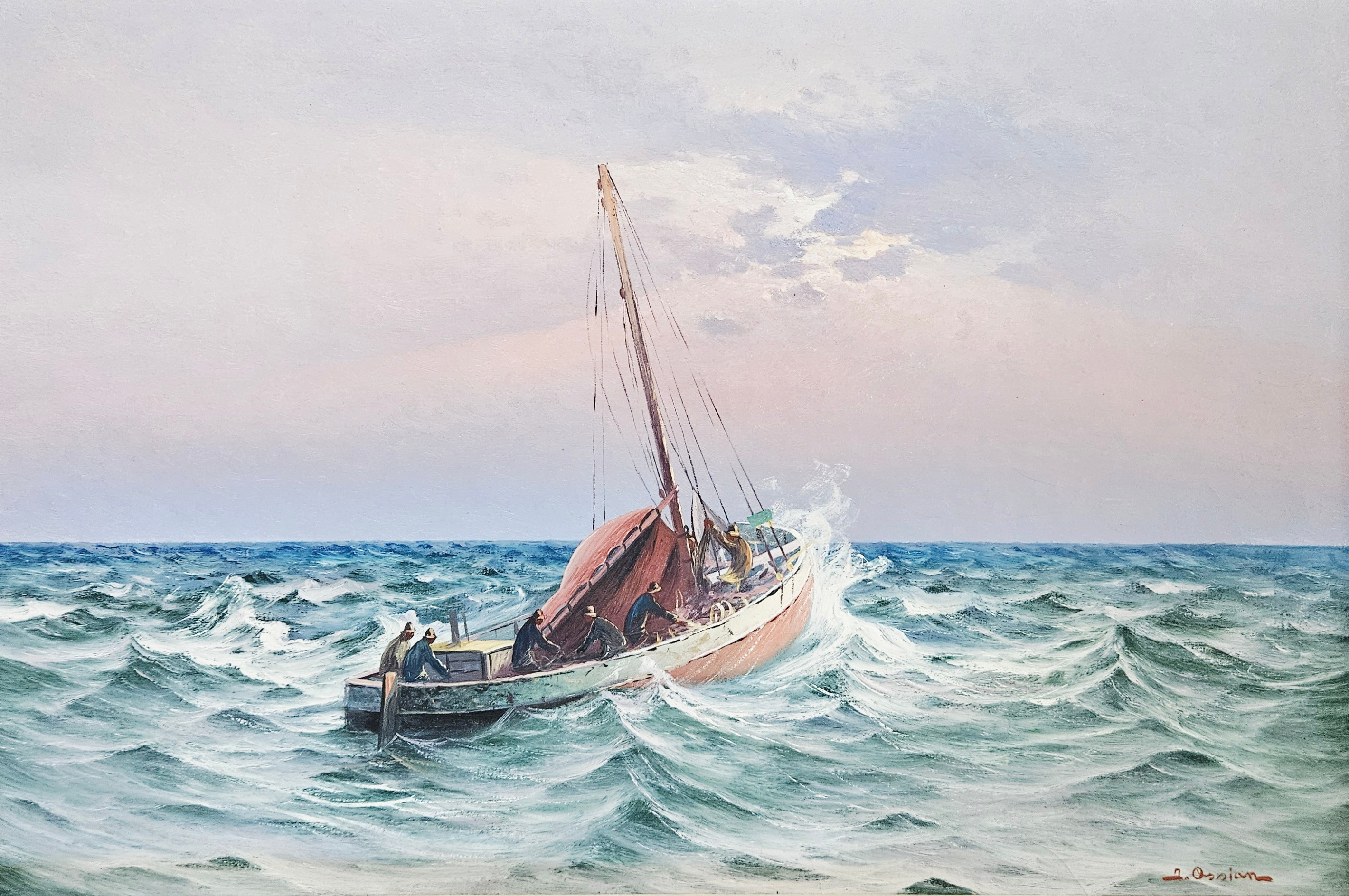 JOHAN OSSIAN ANDERSSON. Fiskebåt på havet. Olja på duk, signerad J. Ossian.