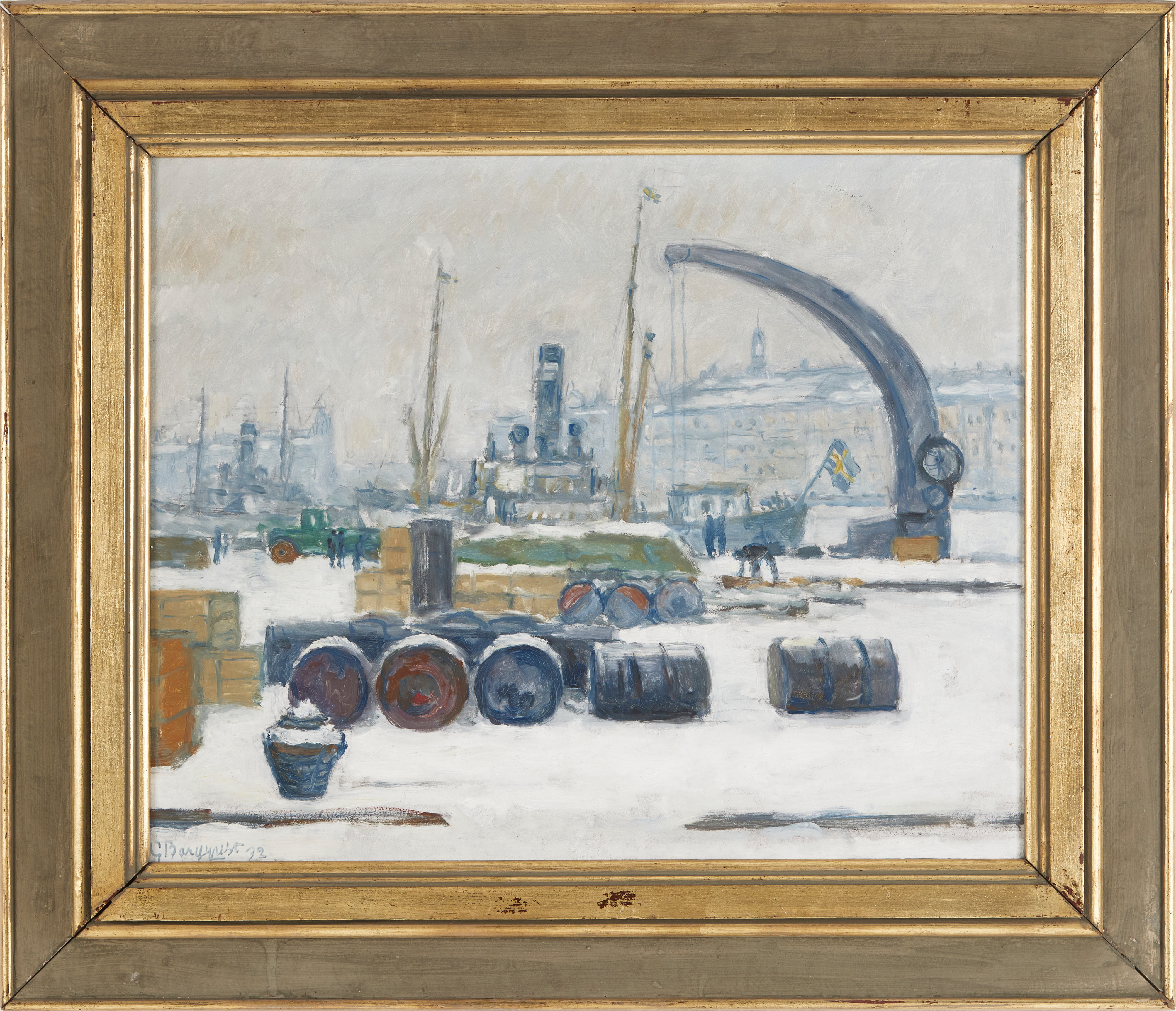 GUNNAR BERGQUIST (1903-1995). Skeppskaj, Stockholm i vinter, olja på pannå.
