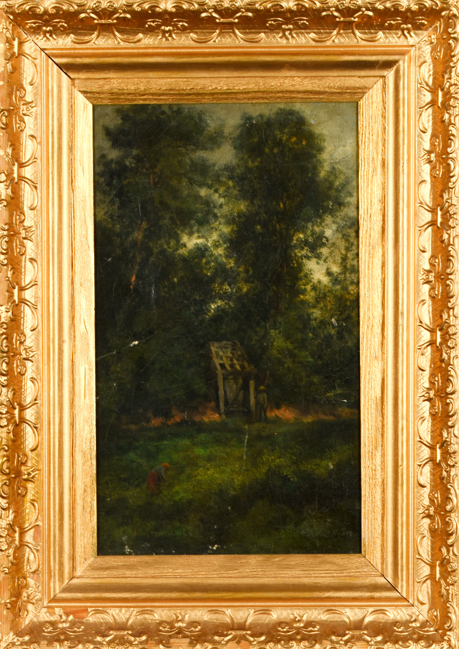 OIDENTIFIERAD KONSTNÄR. Olja på duk, landskap med människor, Signerad 1800-tal.