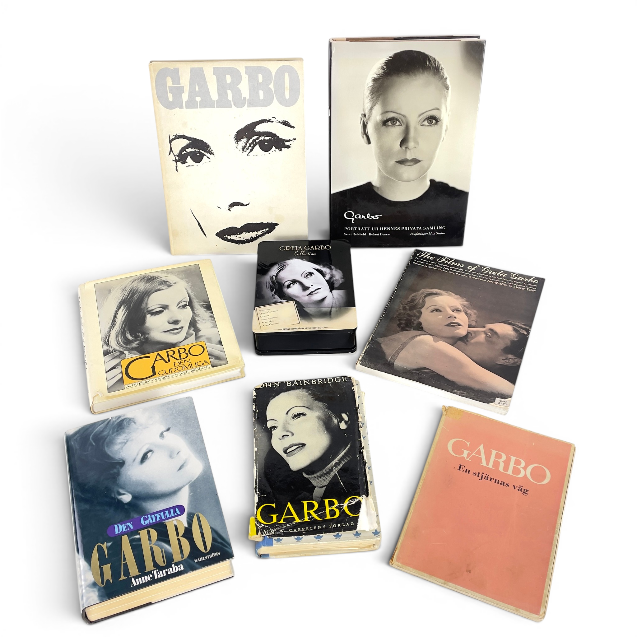 BÖCKER & DVD-BOX, 8 st. Greta Garbo, bl.a. "Porträtt ur hennes privata samling", Bokförlaget Max Ström.