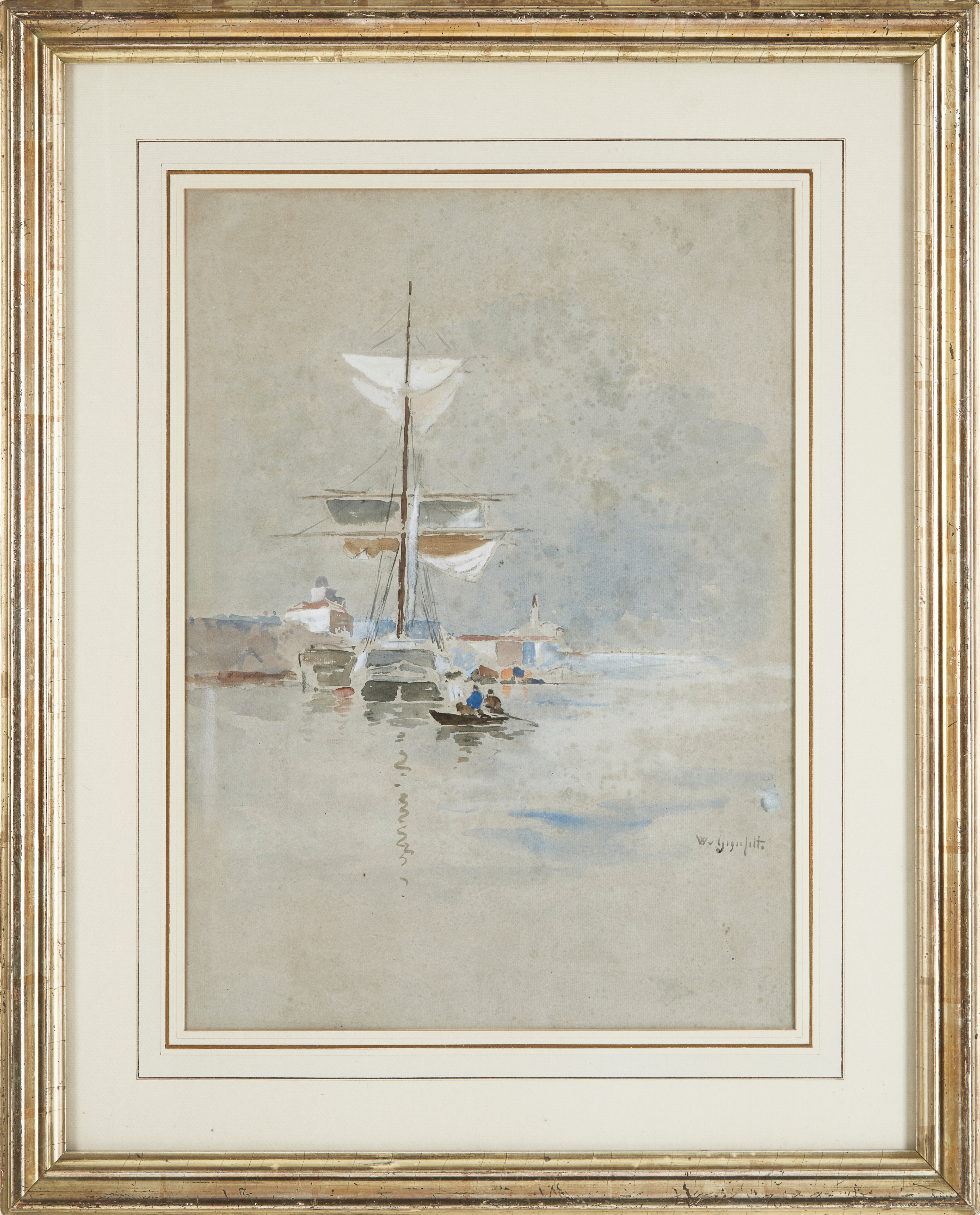 WILHELM VON GEGERFELT. "Hamnbild med en ankrad skuta" akvarell, signerad W v Gegerfelt.