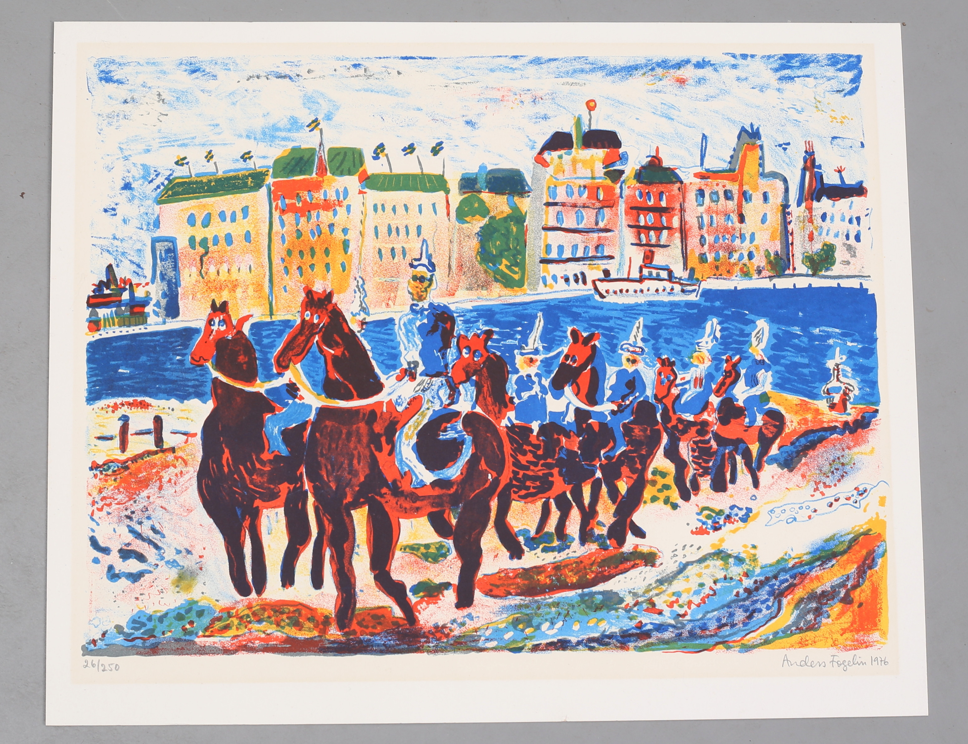 ANDERS FOGELIN. "Vaktparaden". Färglitografi, signerad och numrerad 26/250.