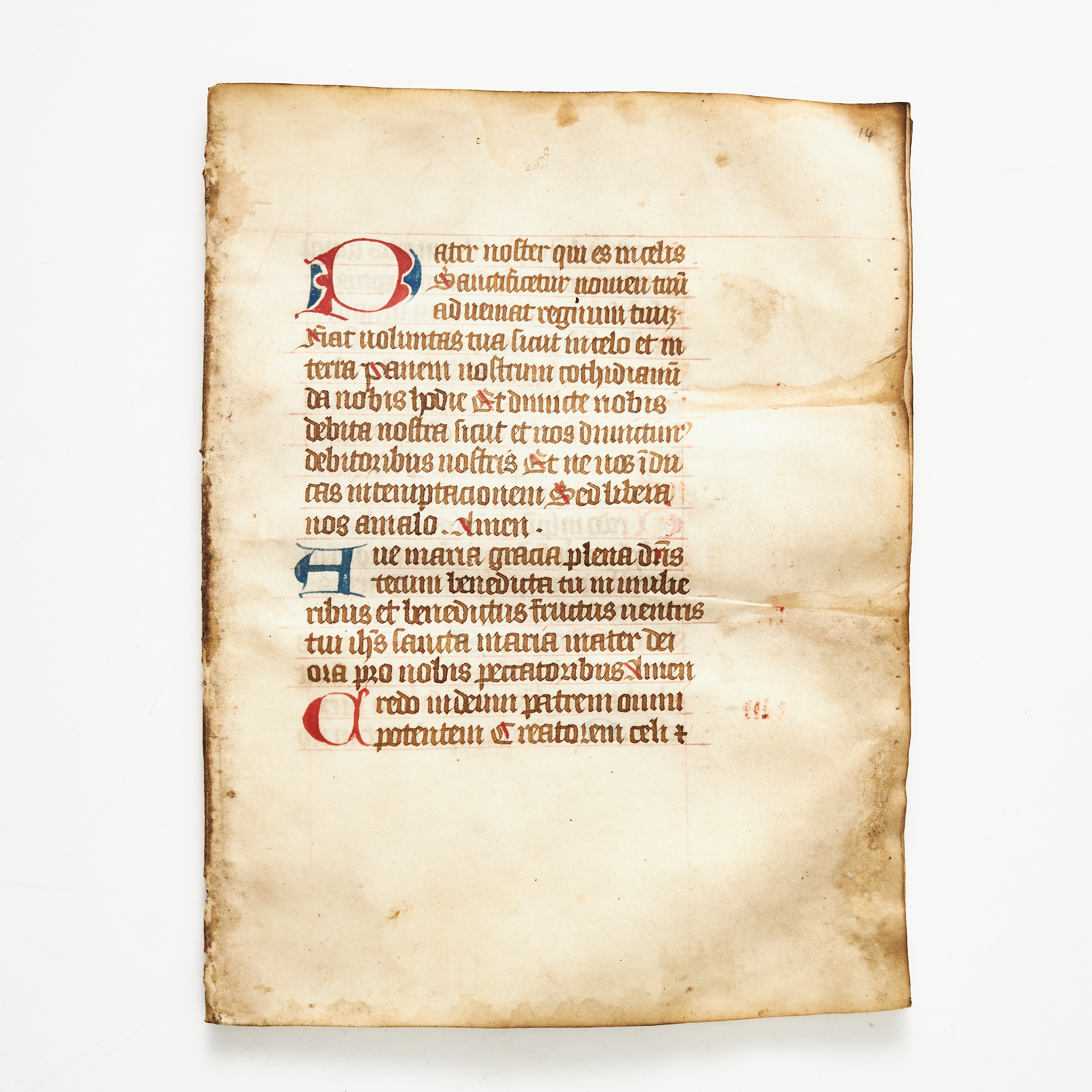 MEDELTIDA MANUSKRIPT, 4 blad, Marias bön, troligen 1400-talets andra hälft, norra Frankrike.