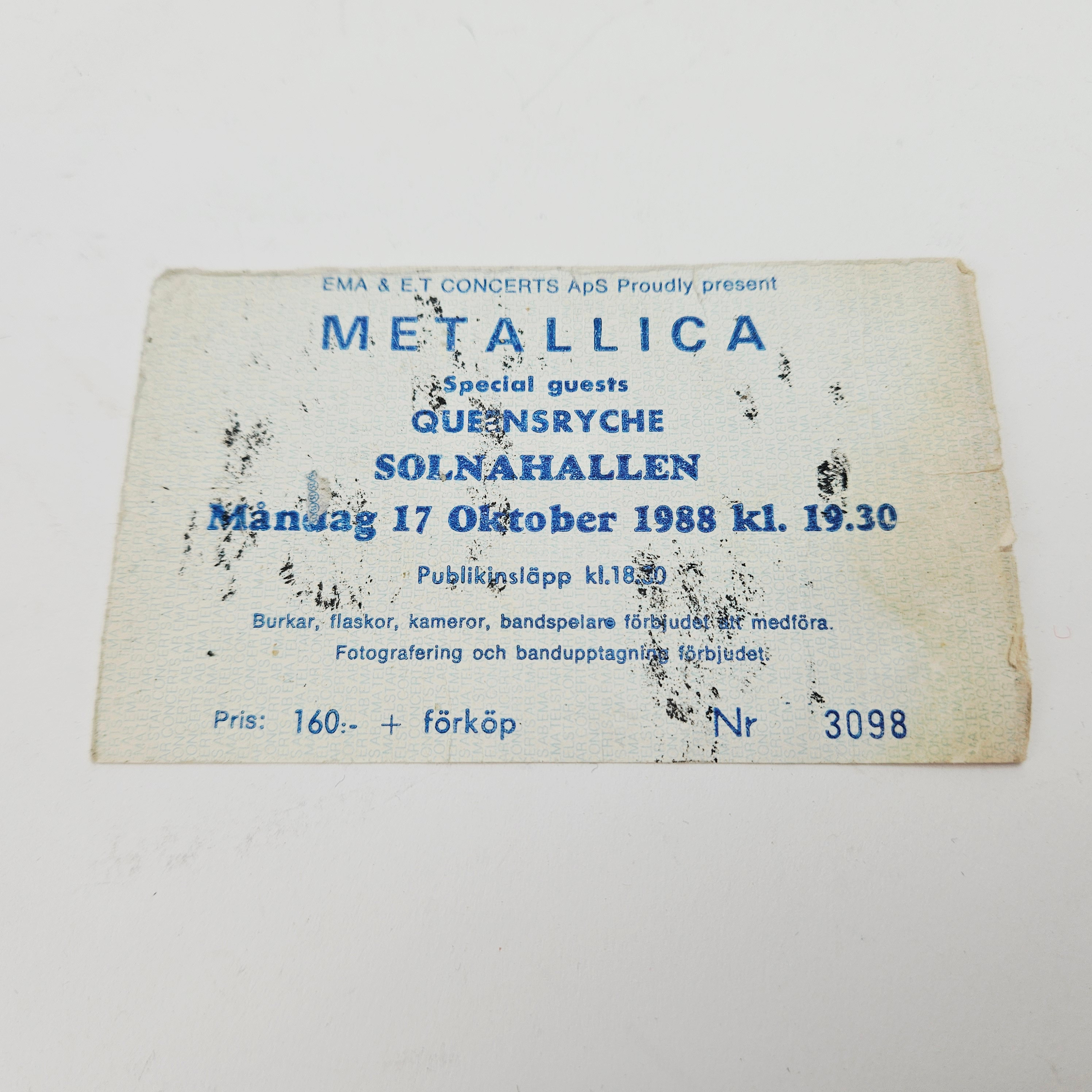 METALLICA, Konsertbiljett, Solnahallen, 1988.