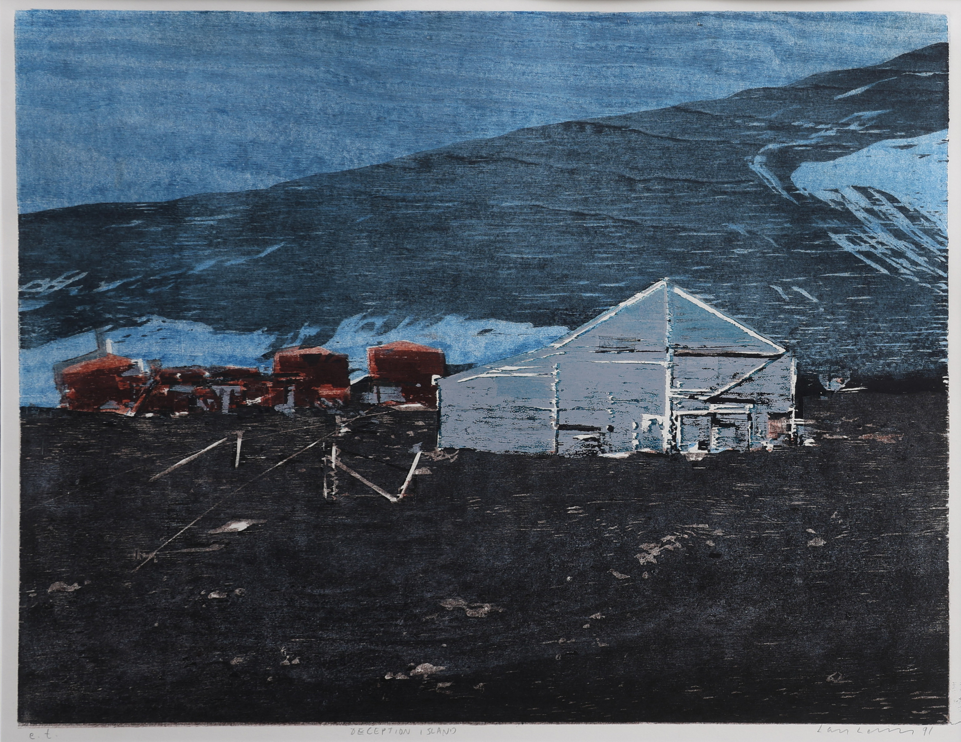 LARS LERIN. TRÄSNITT, DECEPTION ISLAND, SIGNERAD, NUMRERAD E.T. OCH DATERAD 1991.