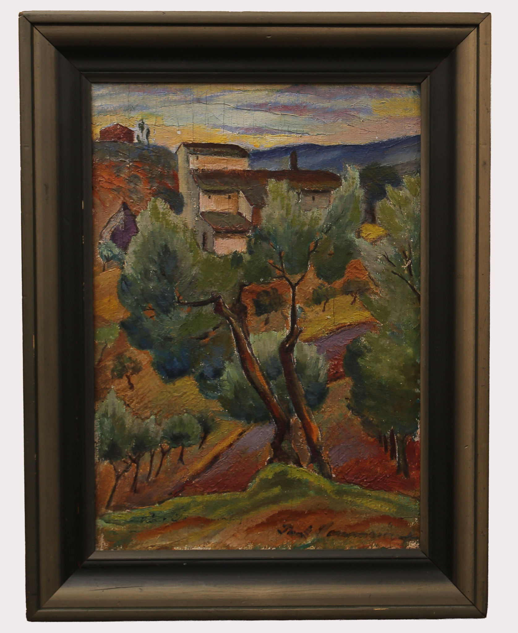 PAUL SOMMARIN, (1881-1963). Olja på duk, Norditalienskt landskap med bymiljö och träd. Omkring 1935.