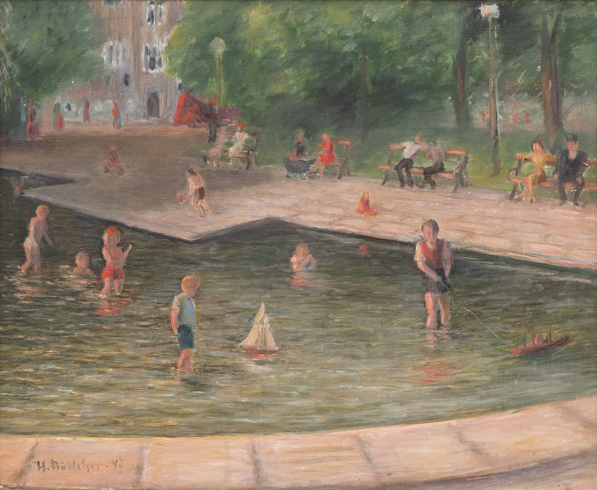 HELGE BÖTTCHER (1907-1992). Badande barn i Rörsjöparken, Malmö, olja på pannå, signerad och dateras -47.