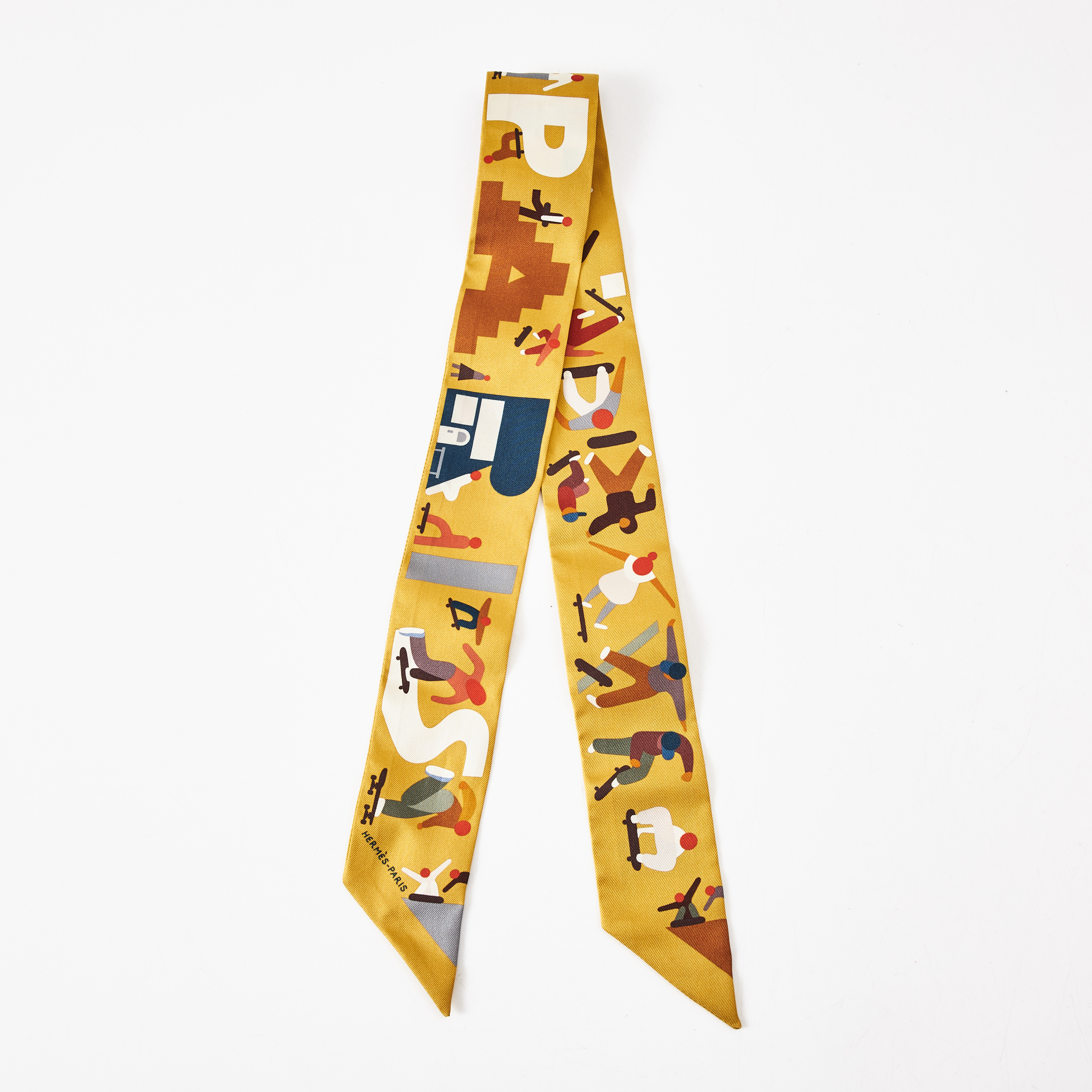 HERMÈS, "Figures Libres", Twilly, siden, polykroma färger på lejongul bottenfärg, designer Geoff McFetridge.