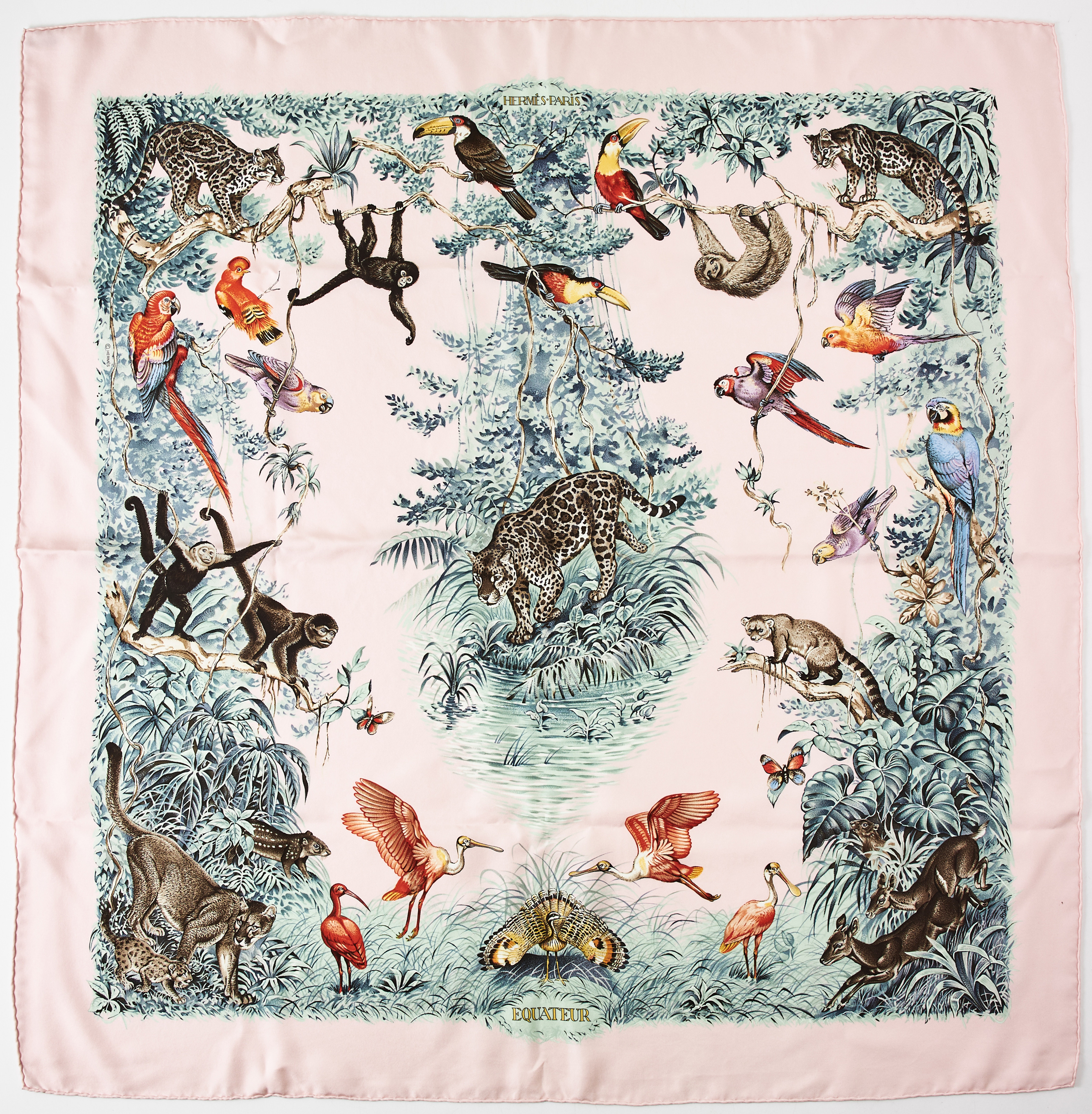 HERMÈS, "Equateur", scarf, siden, motiv med exotiska djur, ljusrosa bottenfärg, designer Robert Dallet, Year of Issue 1988.