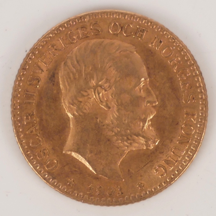 MYNT, Oscar II 10 kr, guld 21,6K, 1901.