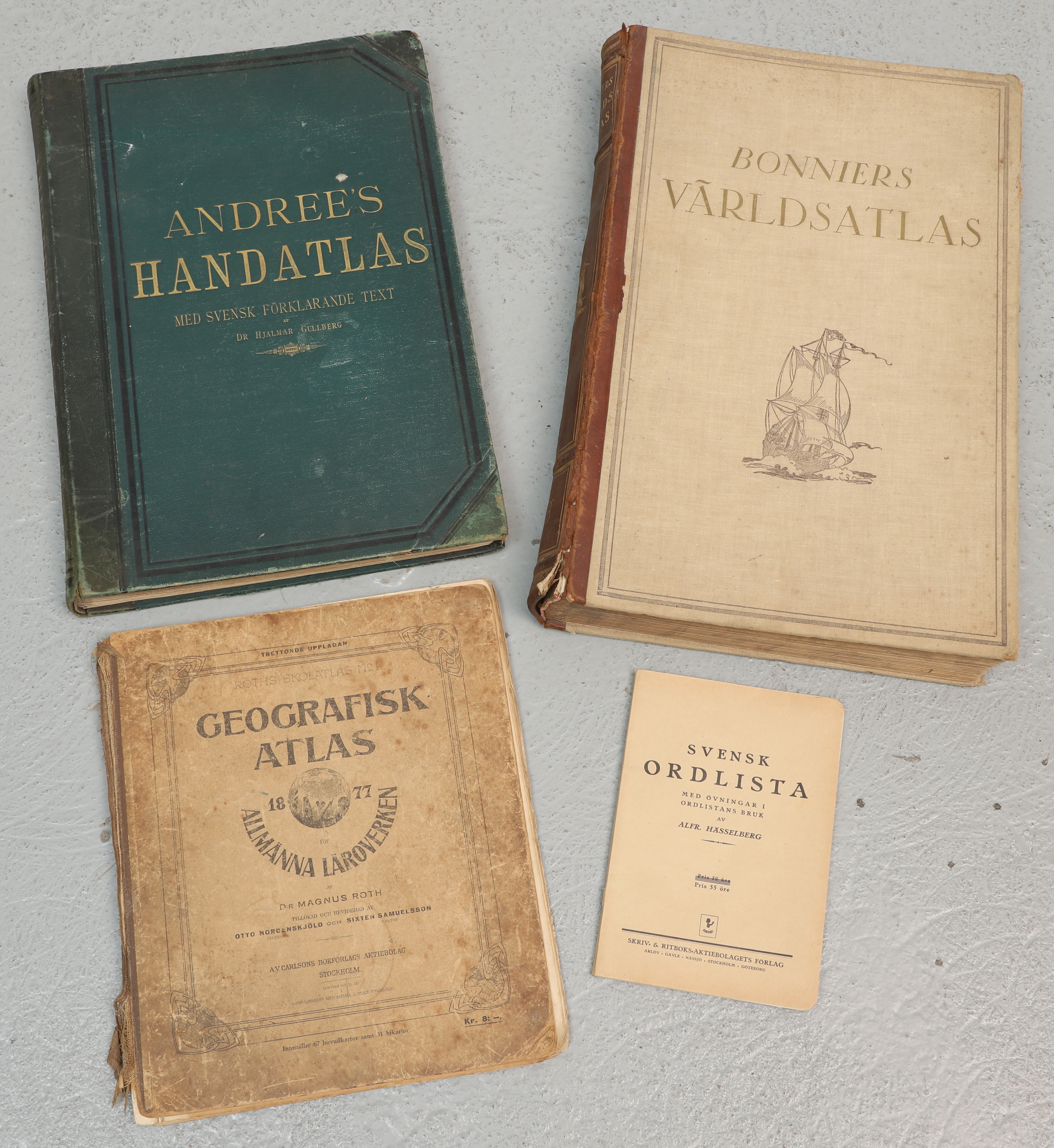 BÖCKER, 4 st, Atlas och Svensk ordlista, bl.a. Andreés Handatlas, 1800/1900-tal.