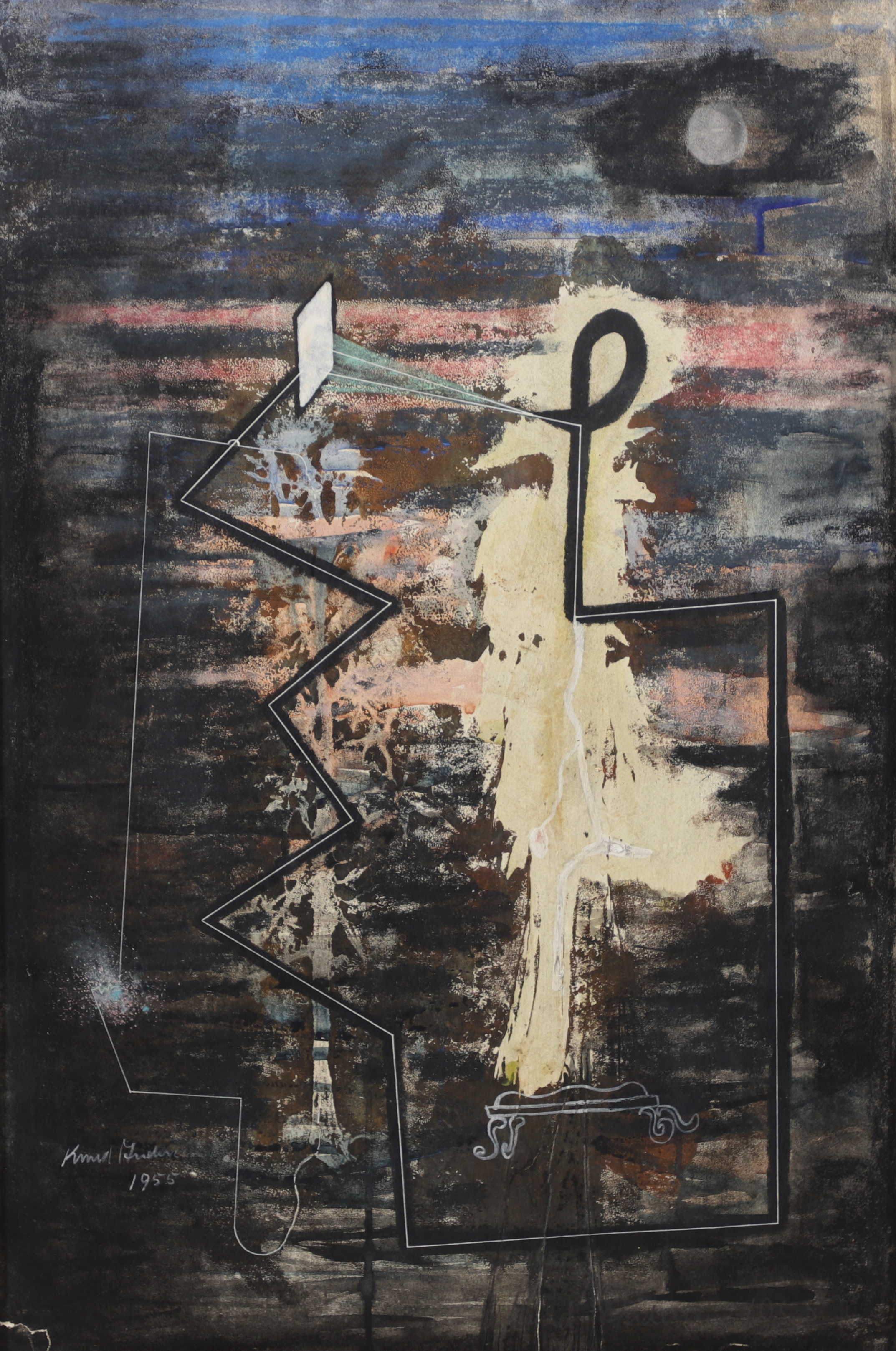 KNUD ANDERSEN. Komposition, olja på papper limmad på pannå, signerad, daterad 1956.