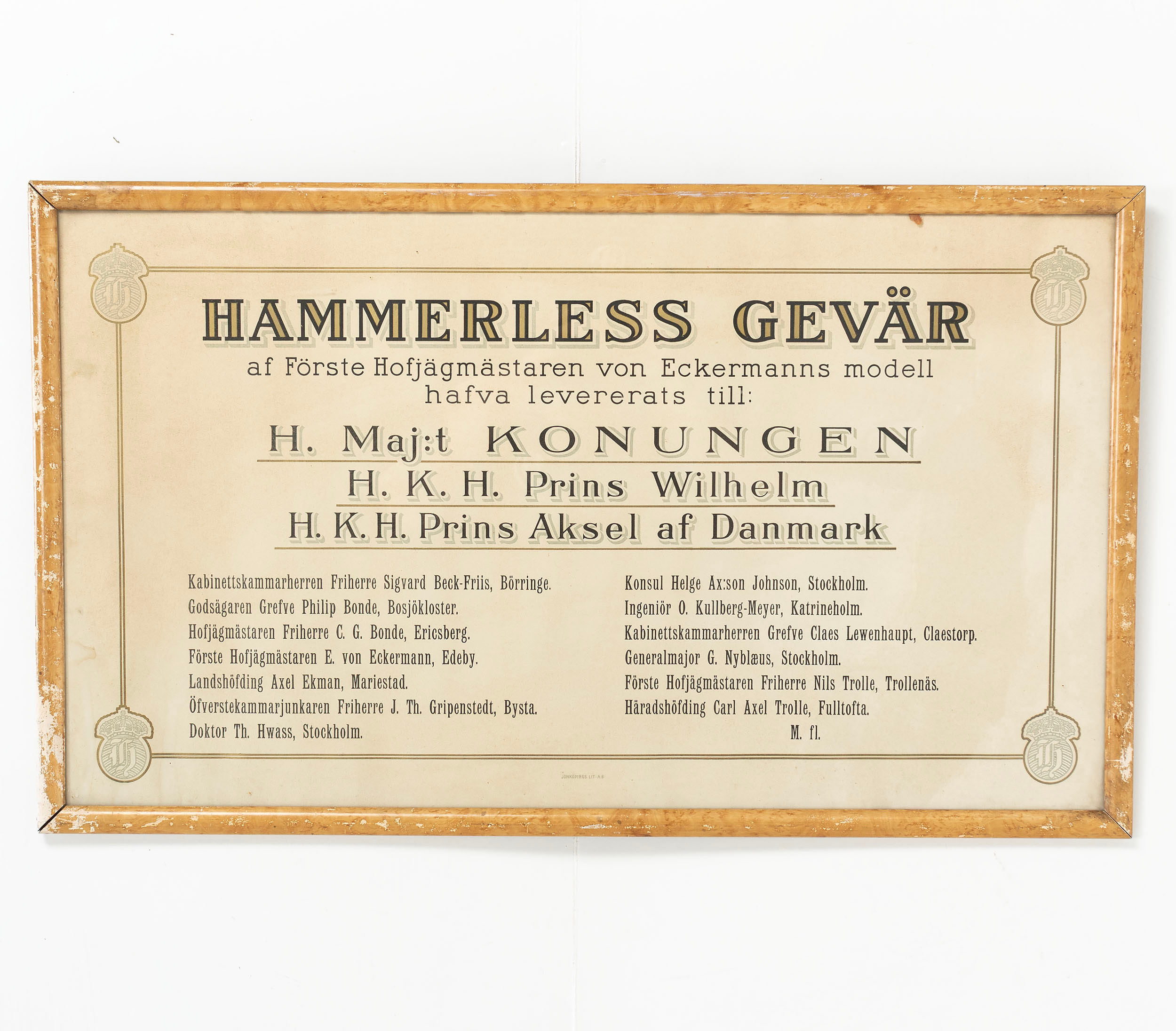 HAMMERLESS GEVÄR, inramad reklam och presentationsskylt.