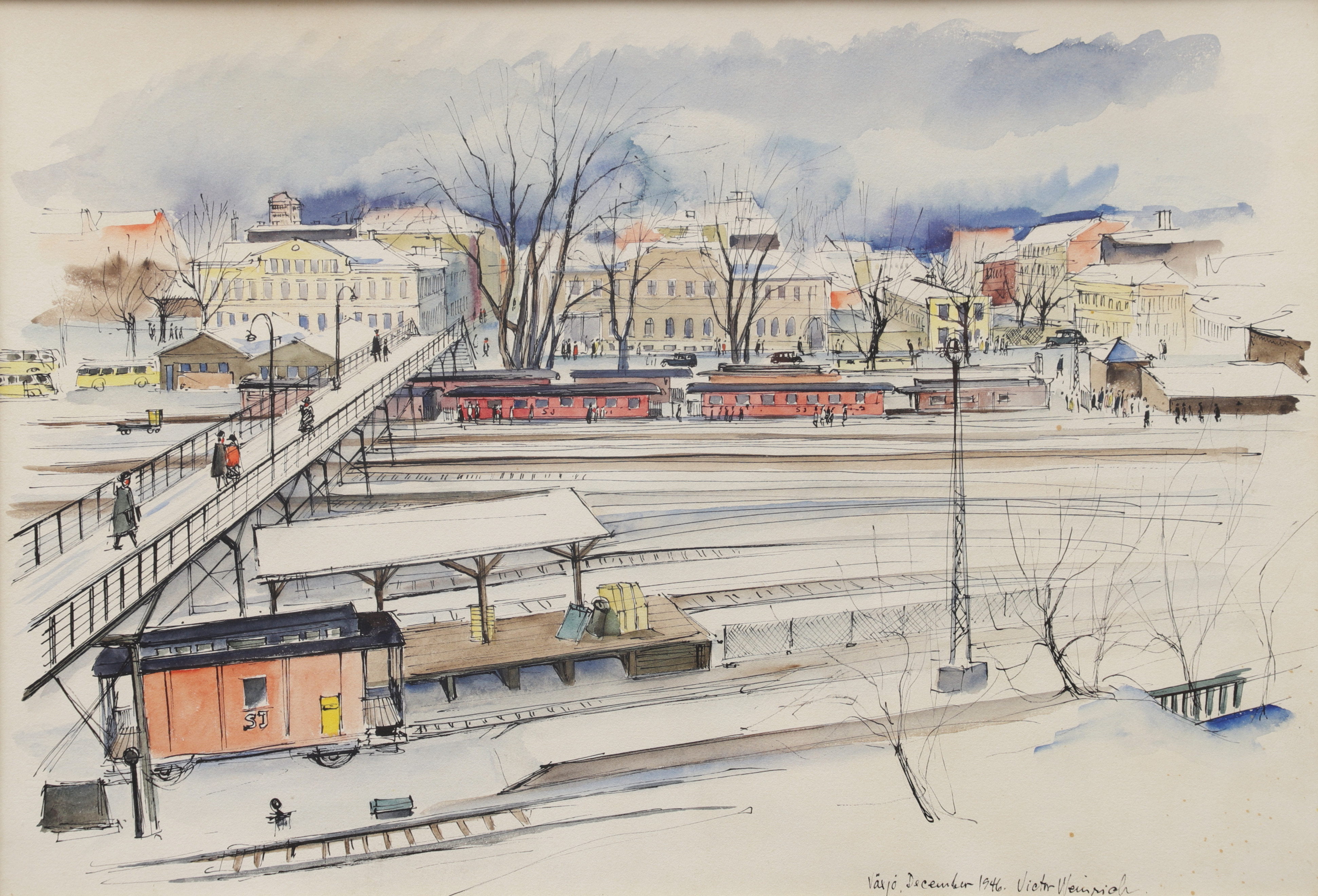 VICTOR WEINRICH. Växjö station, akvarell, signerad, daterad 1946.