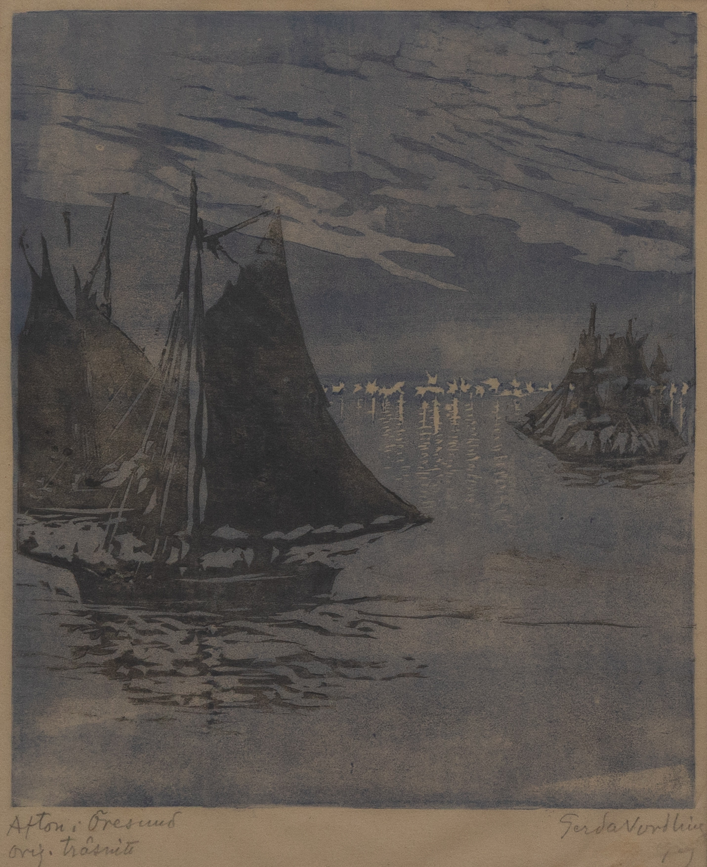 GERDA NORDLING (1875-1942). "Afton i Öresund", träsnitt, signerad.