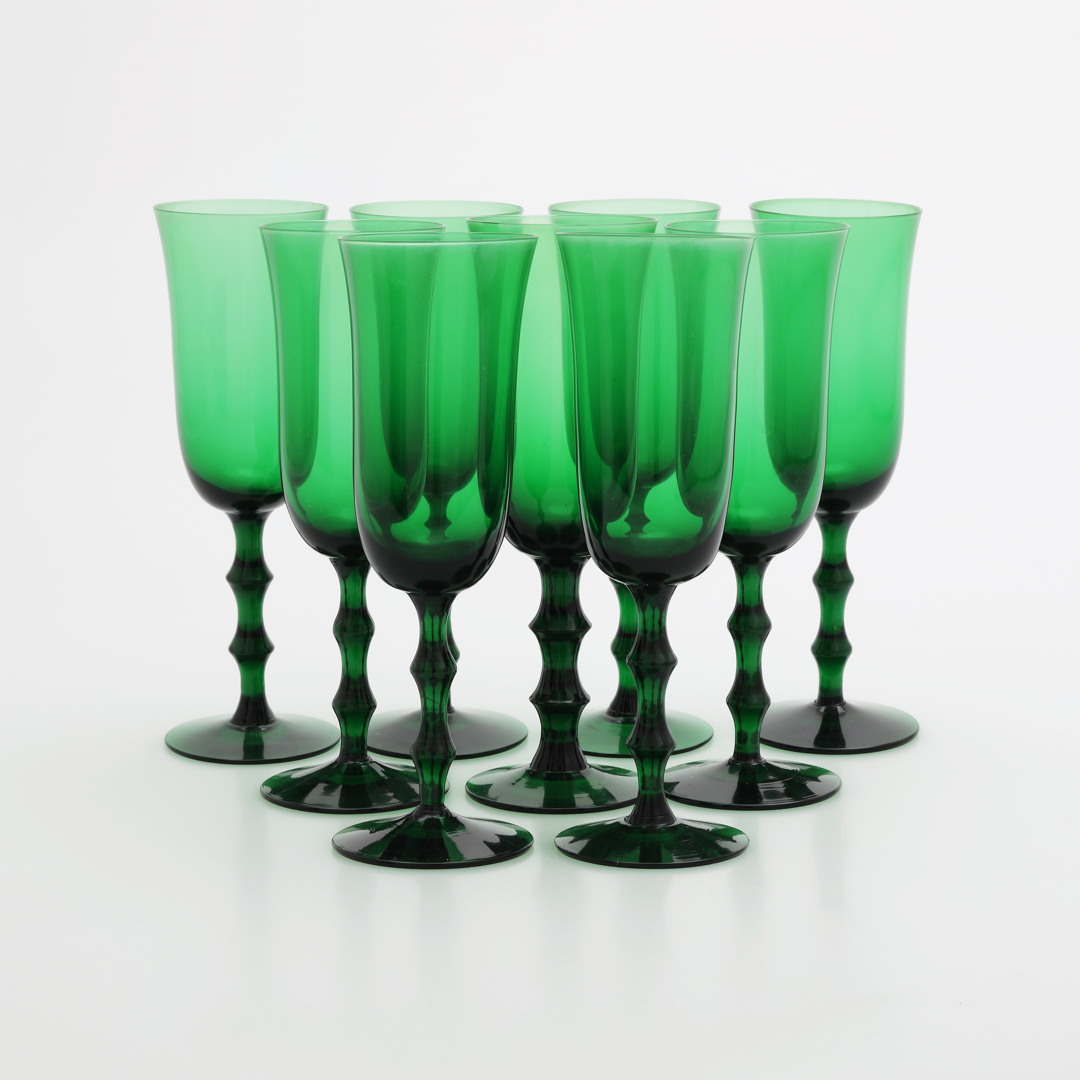 SIMON GATE. Champagneglas, 9 st, "Salut", grönt glas, Orrefors.
