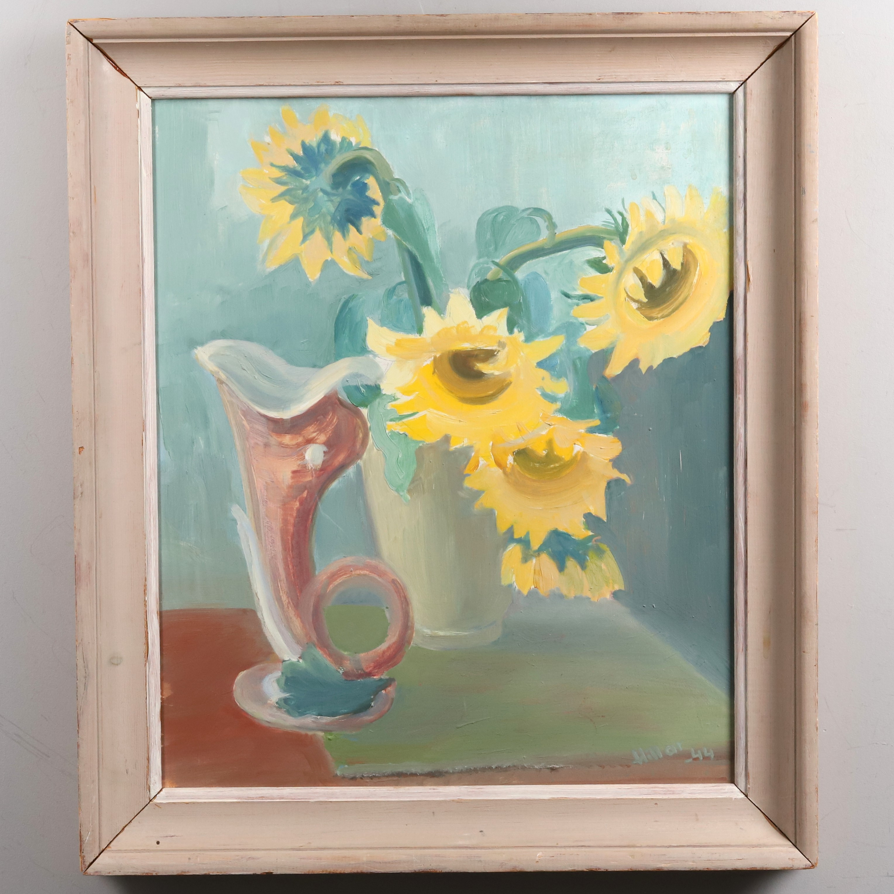 INGRID HILLAR. Olja på pannå, "Blomsterstilleben", signerad och daterad -44.