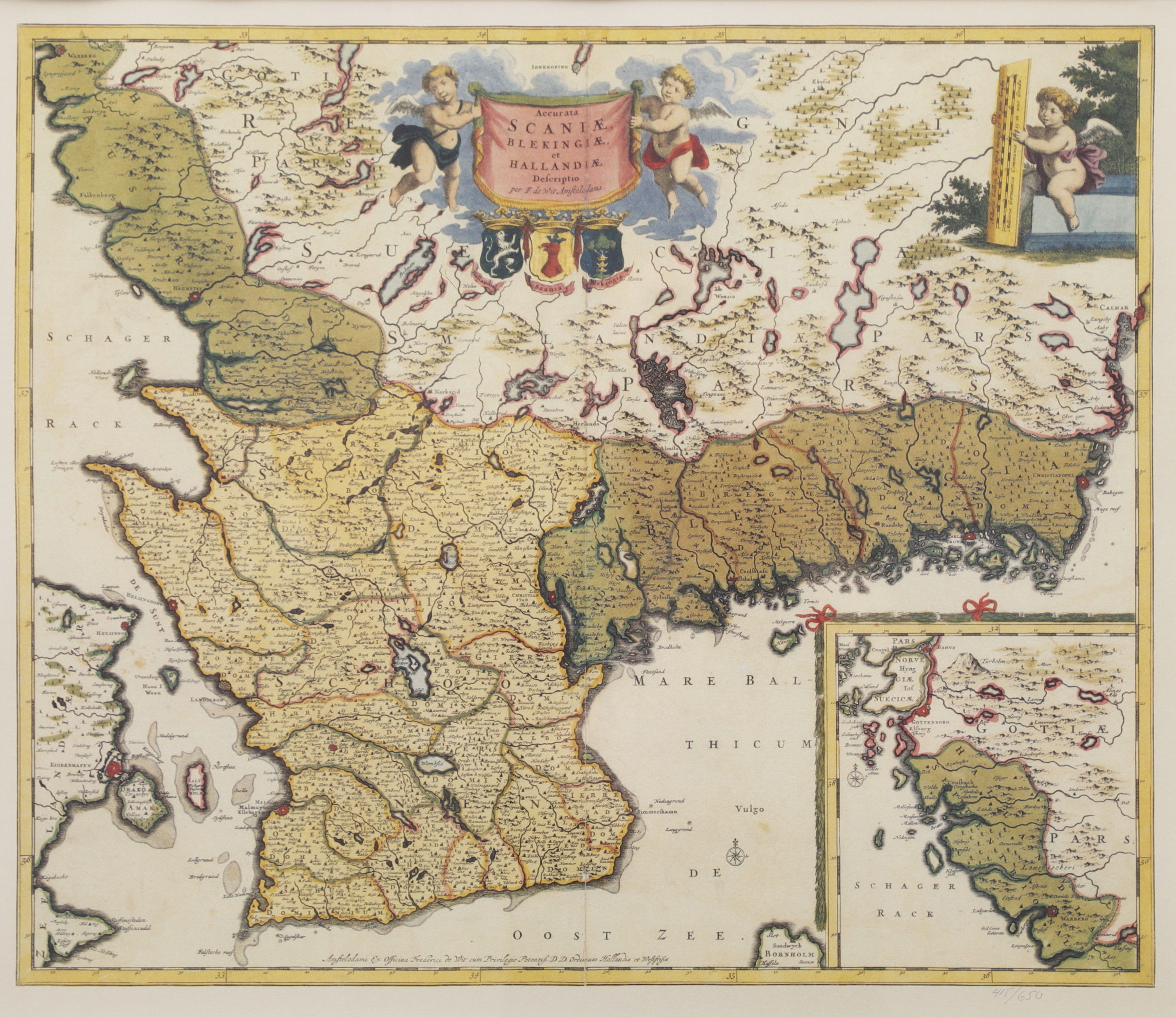 KARTA över SKÅNE, BLEKINGE och HALLAND, litografi, numrerad 415/650.