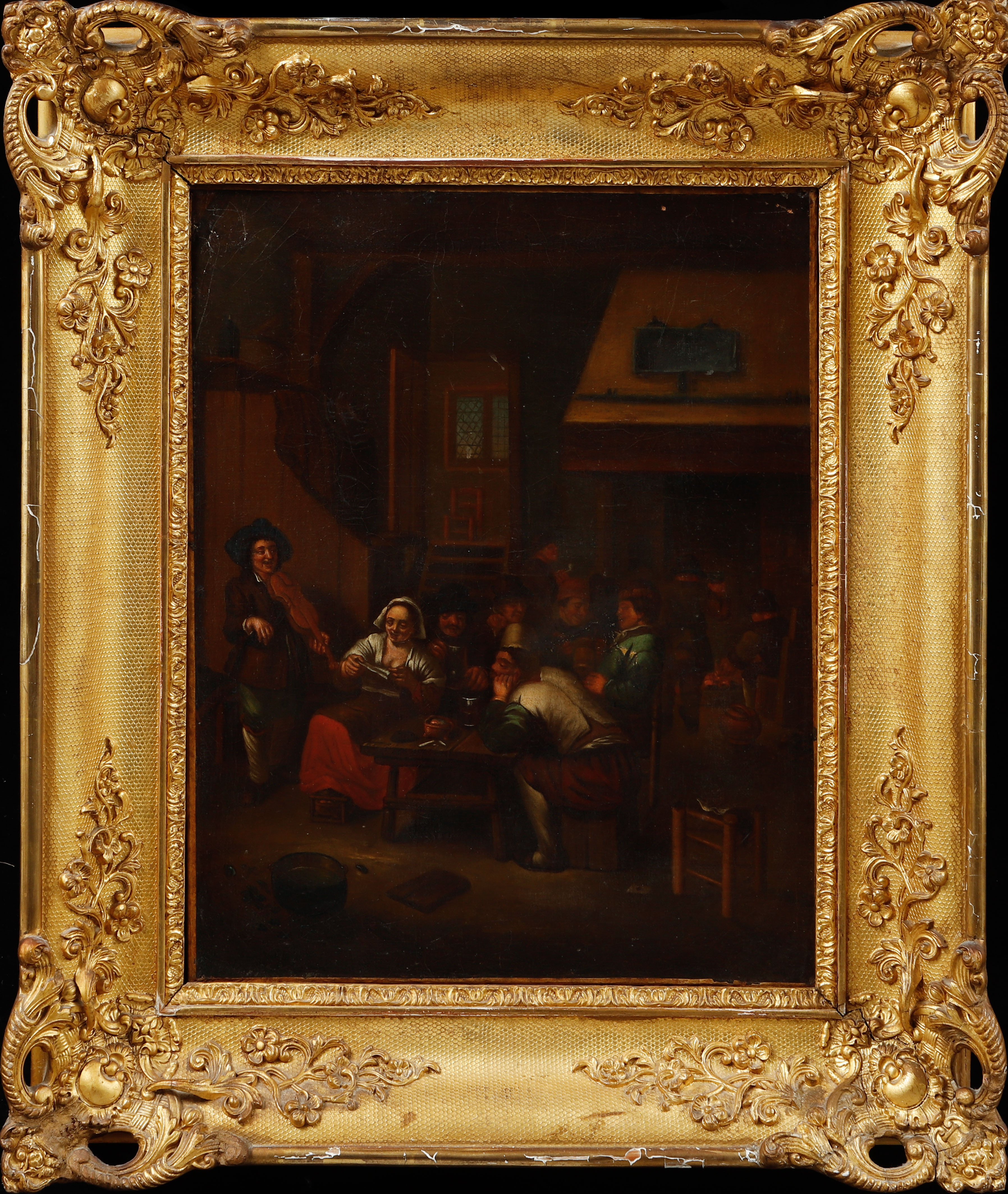 OKÄND KONSTNÄR. Interiör med figurer, olja på duk, 1800-tal.