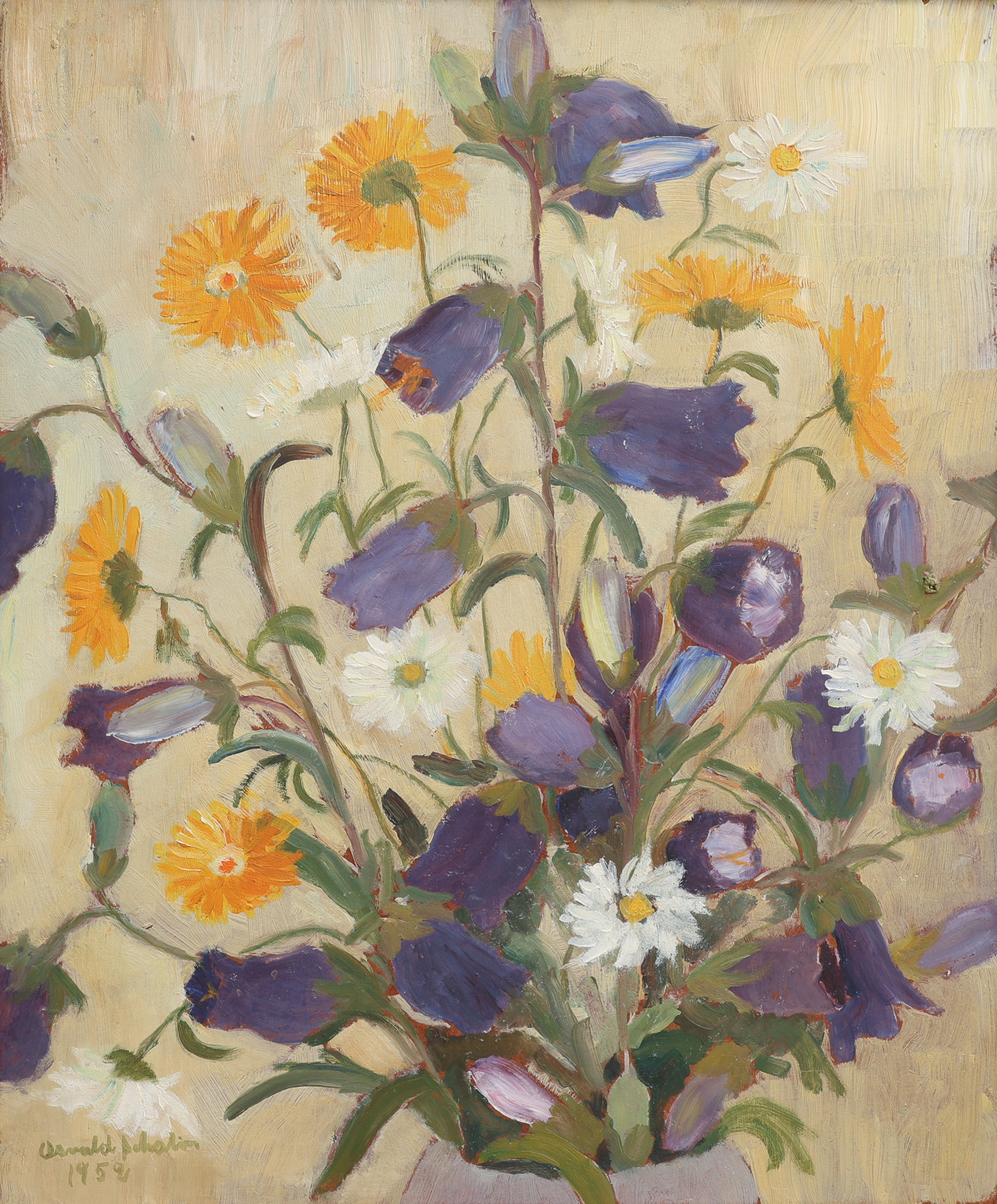 OSVALD SCHALIN 1897-1975. OLJA PÅ PANNÅ, BLOMSTERSTILLEBEN, SIGNERAD OCH DATERAD 1952.