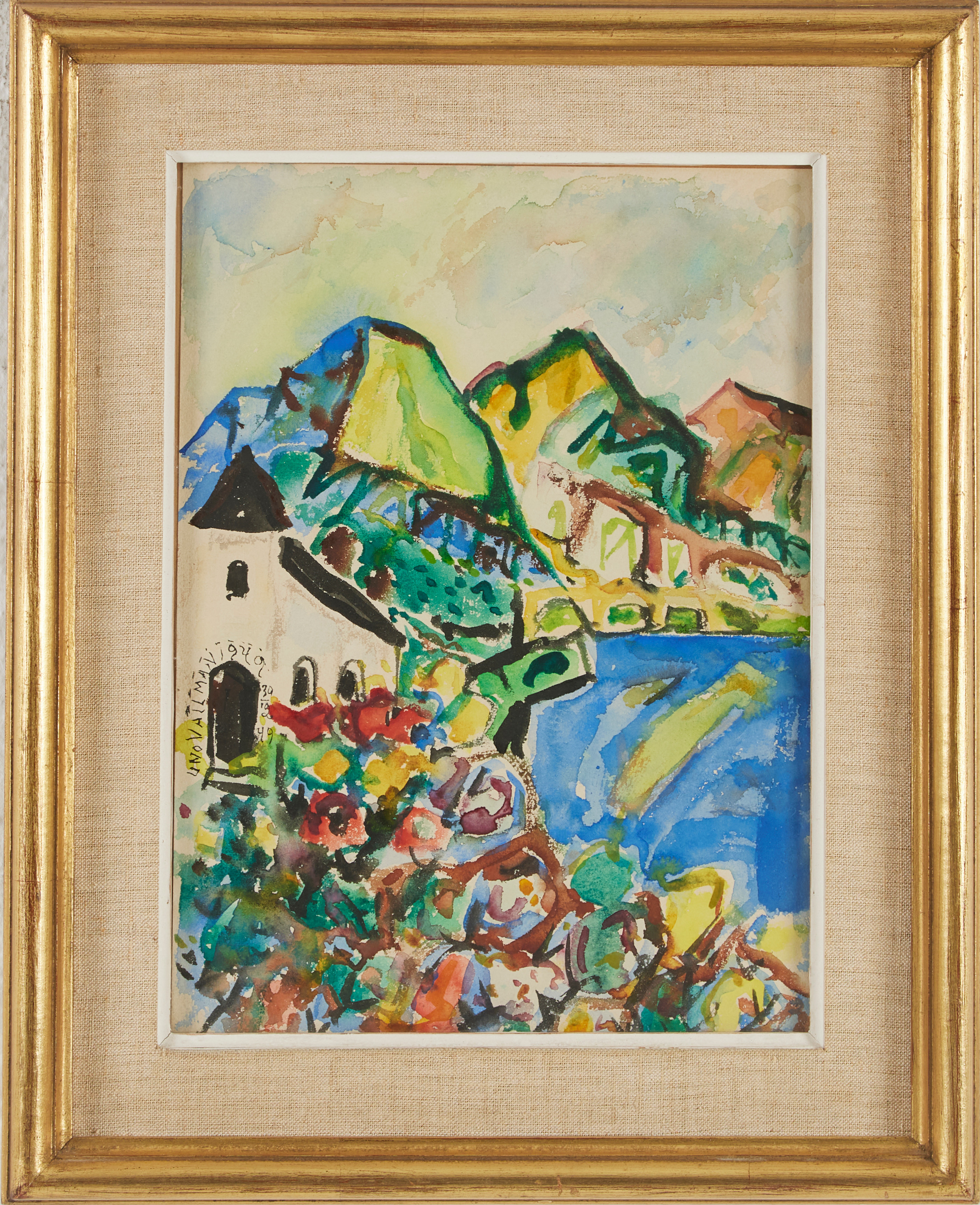 UNO VALLMAN. Kustbild med kyrka, akvarell.