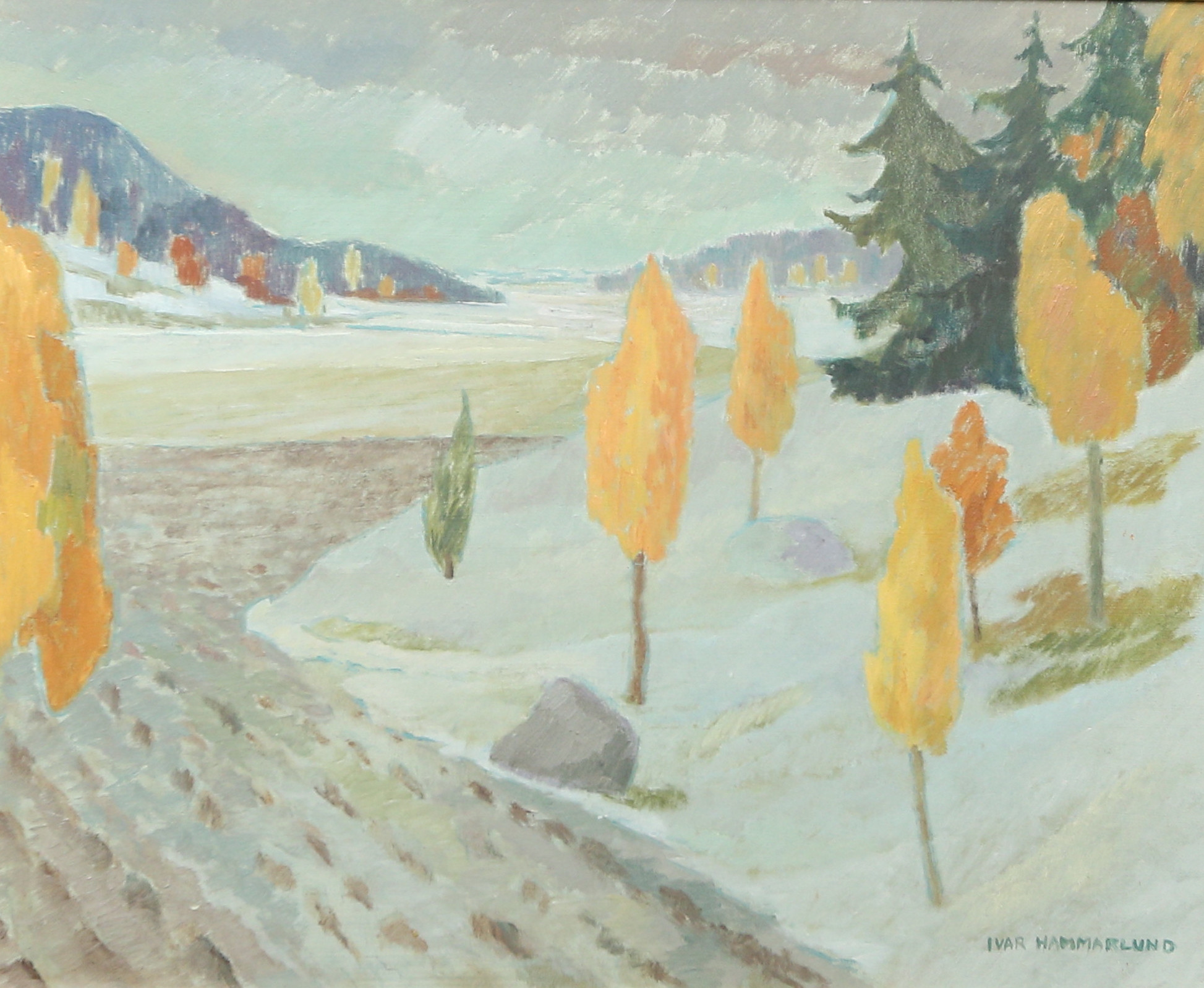IVAR HAMMARLUND. olja på pannå, "Oktober snö"; signerad.
