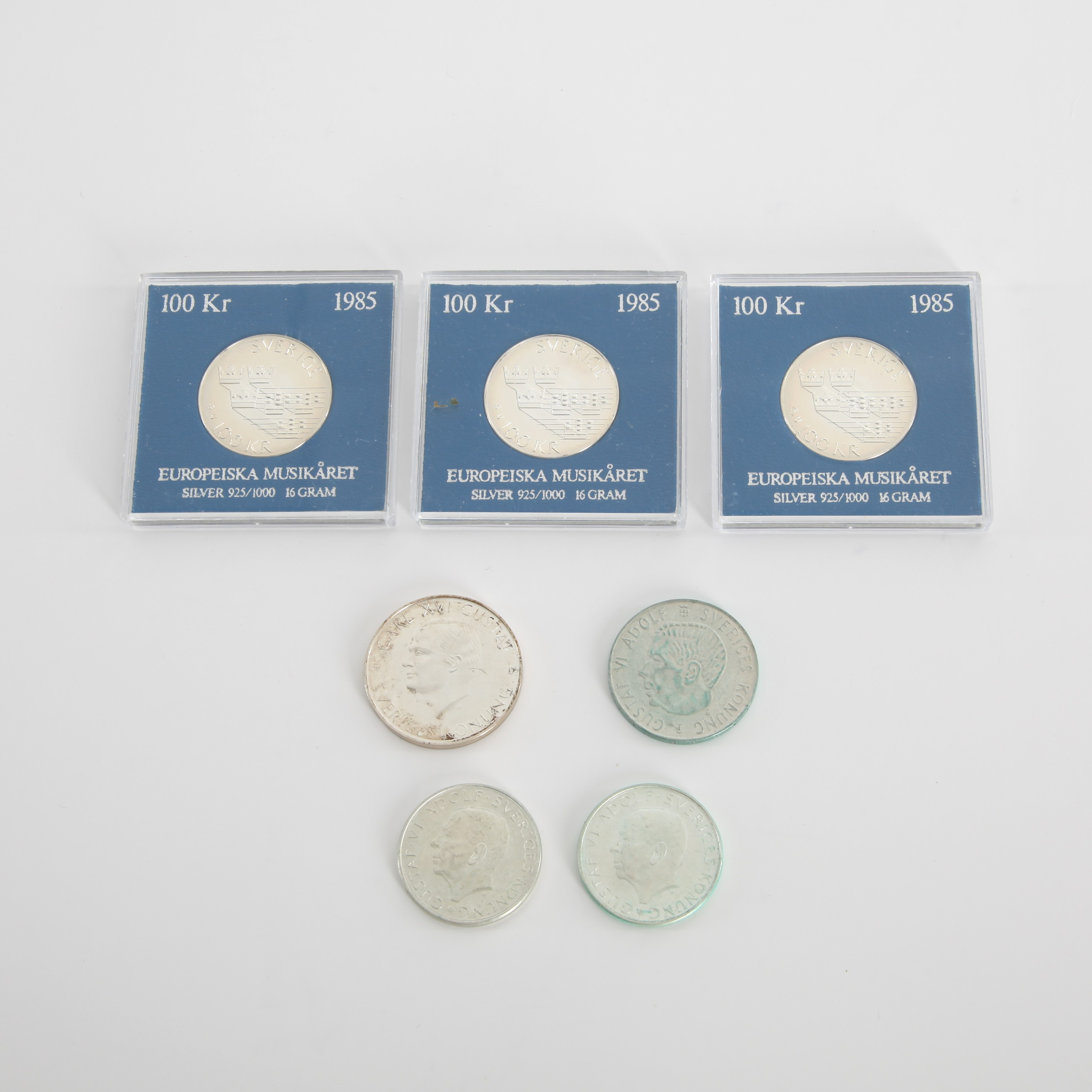 JUBILEUMSMYNT, 7 st, silver, 5-krona, 10-kronor, 100-kronor samt 200-krona, Sverige.