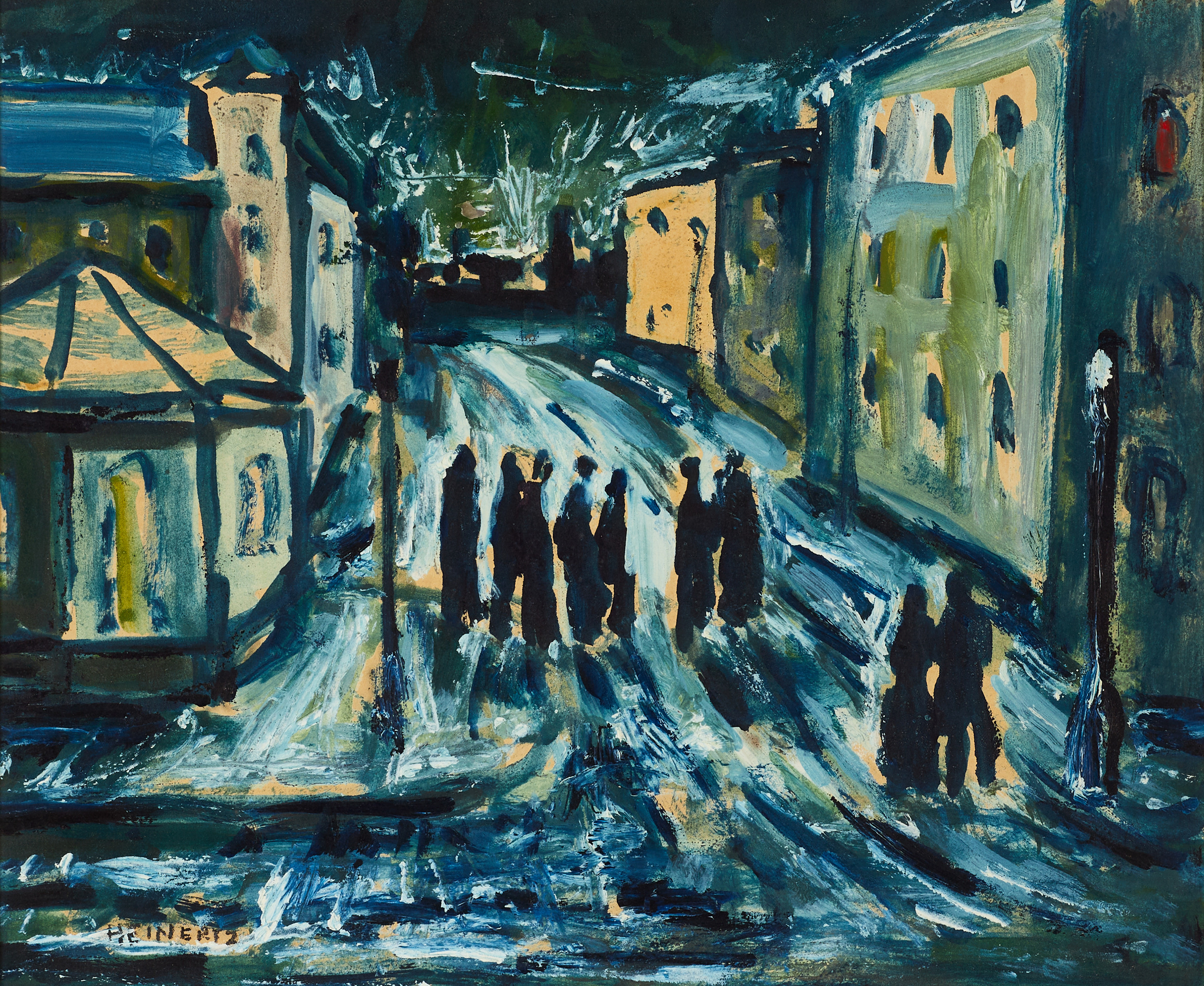 ERIC HEINERTZ (1908-1965). Stad i mörker, signerad, olja på pannå.