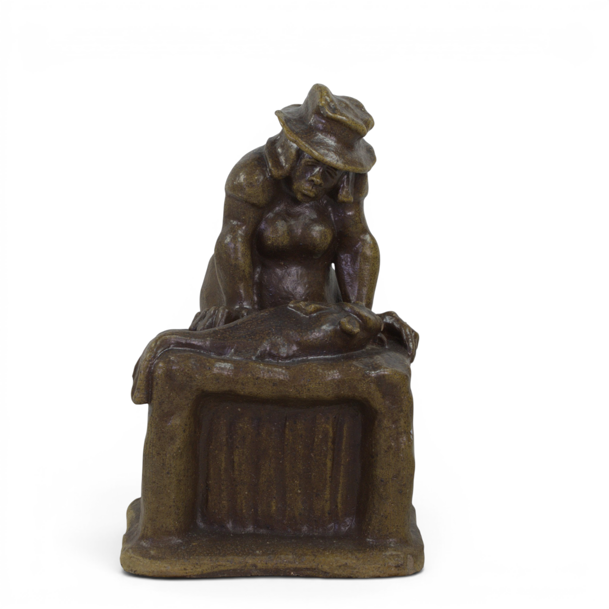PAUL HOLST. Skulptur, kvinna med fisk, glaserat stengods, signerad, P Holst.