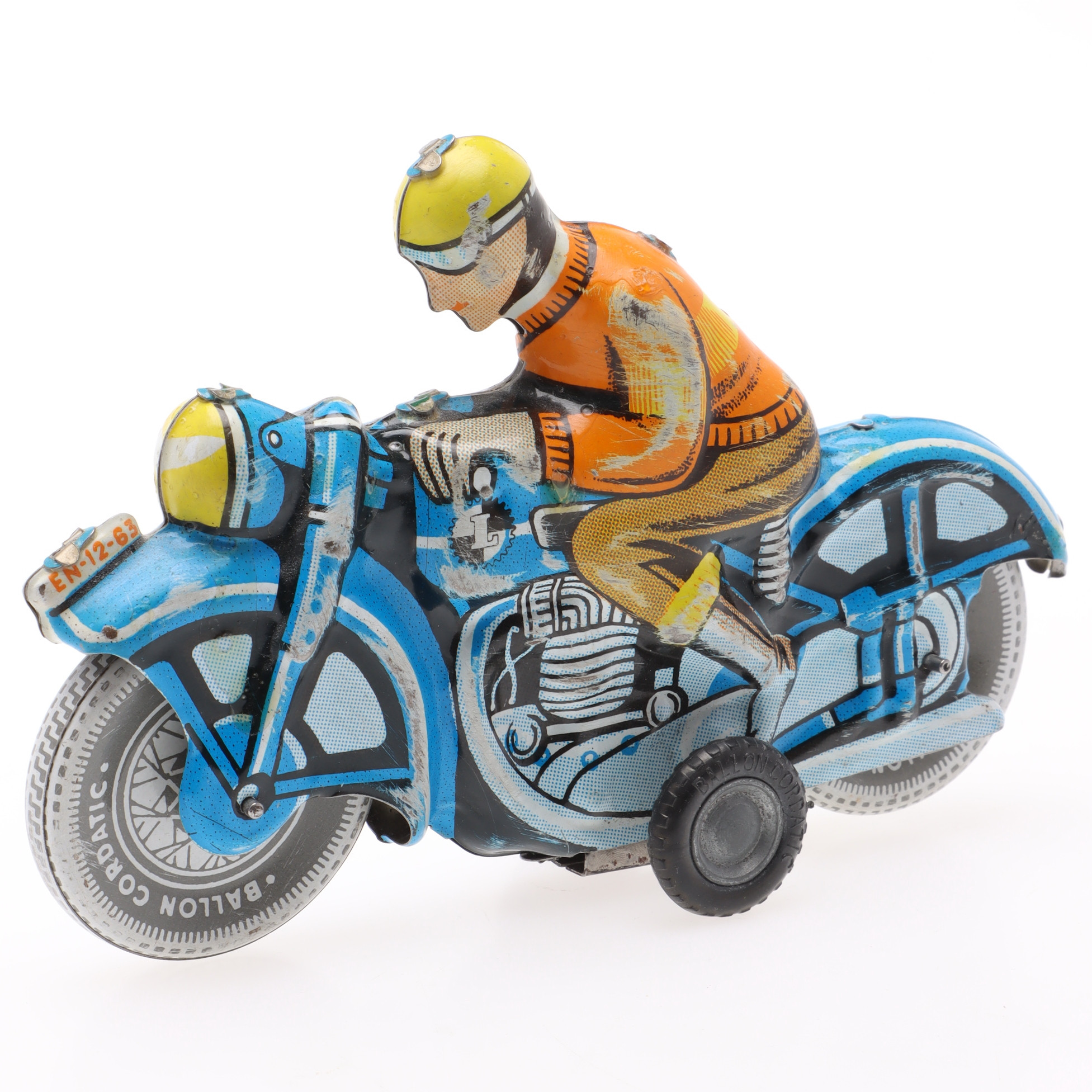 MOTORCYKEL, litograferad plåt, friktionsleksak, Lemezáugyár, Ungern, 1900-tal.
