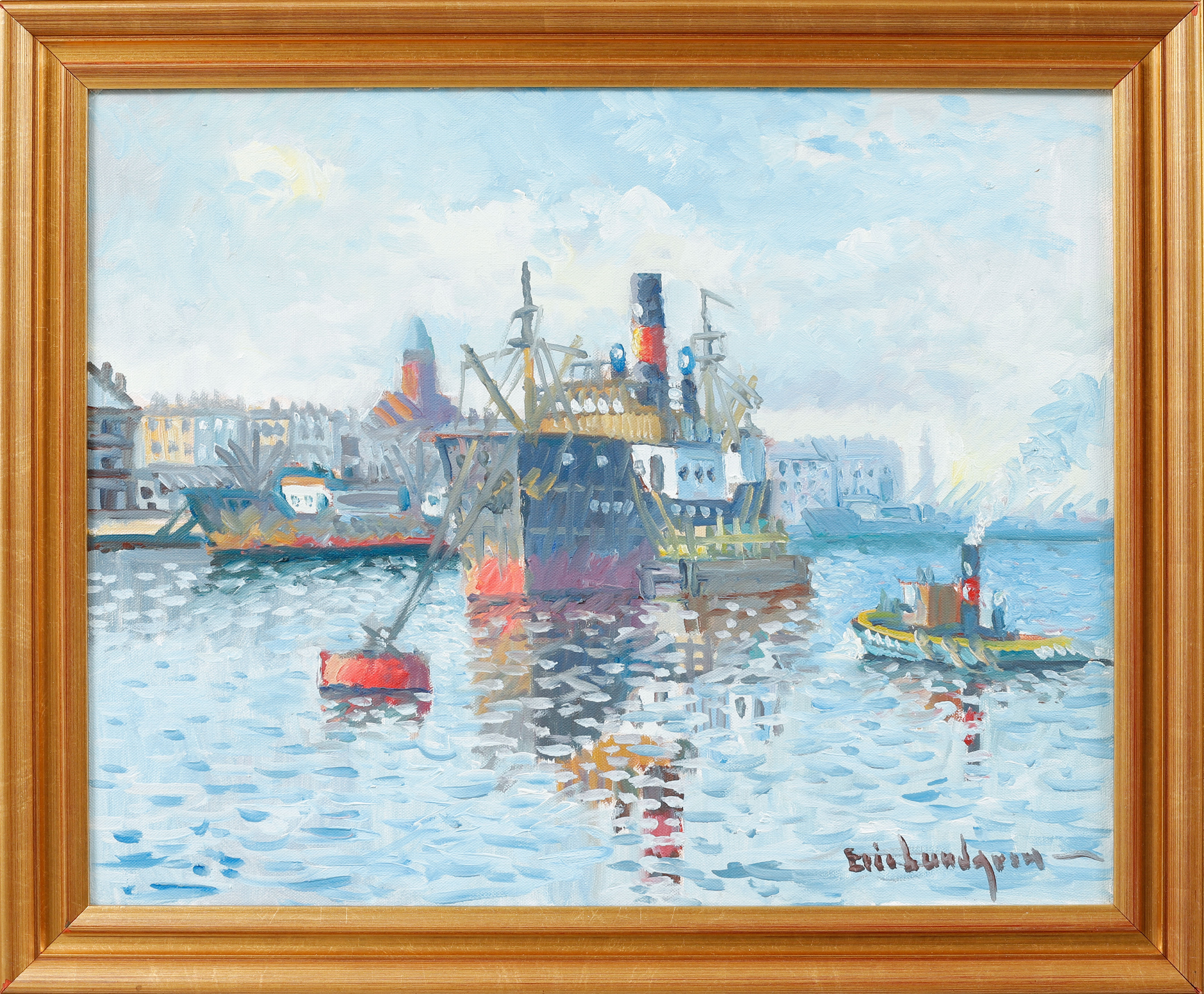 ERIC LUNDGREN. Göteborgs hamn, olja på duk, signerad.