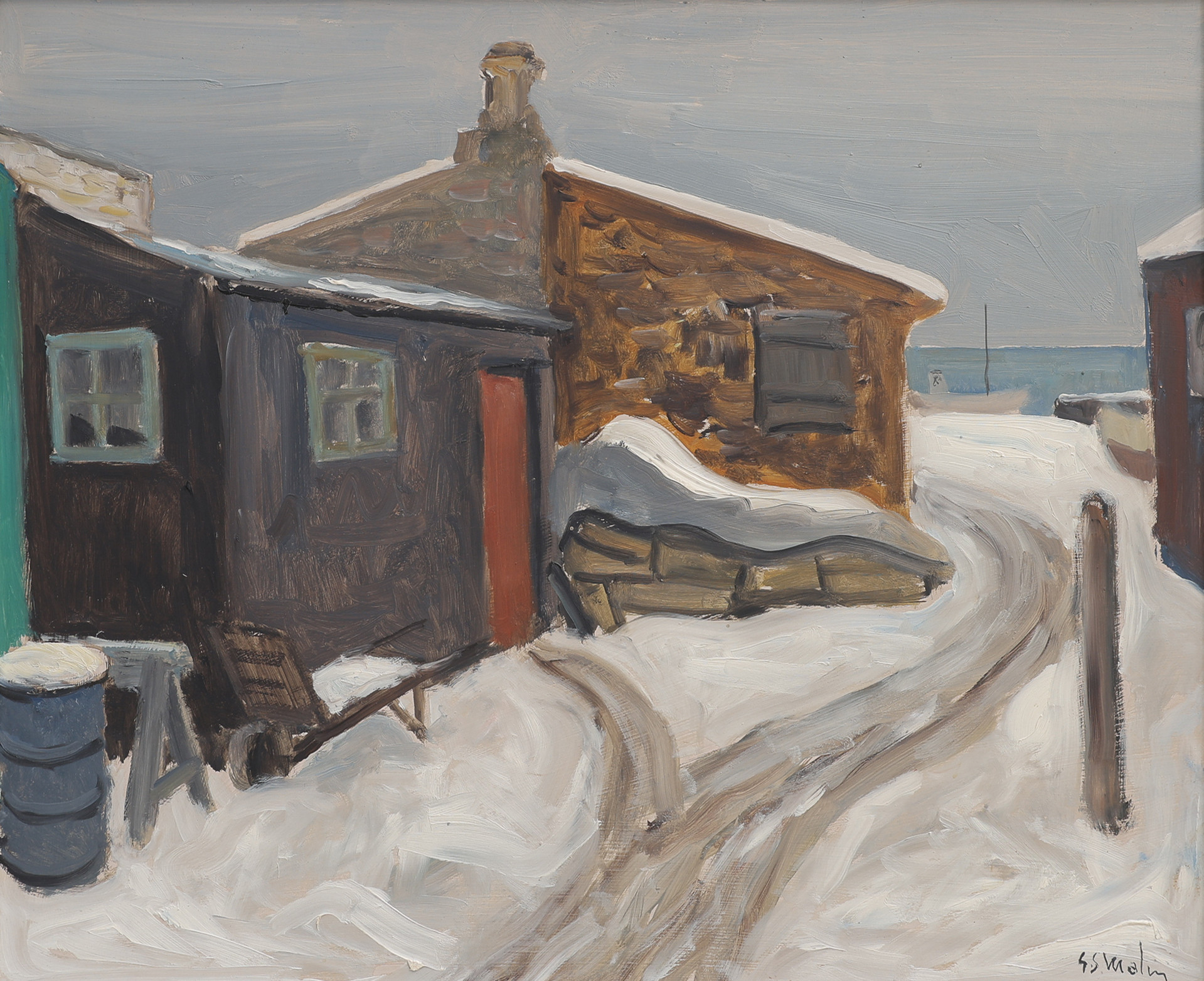 GUNNAR S MALM 1909-1986. OLJA PÅ PANNÅ, BYMOTIV, SIGNERAD.