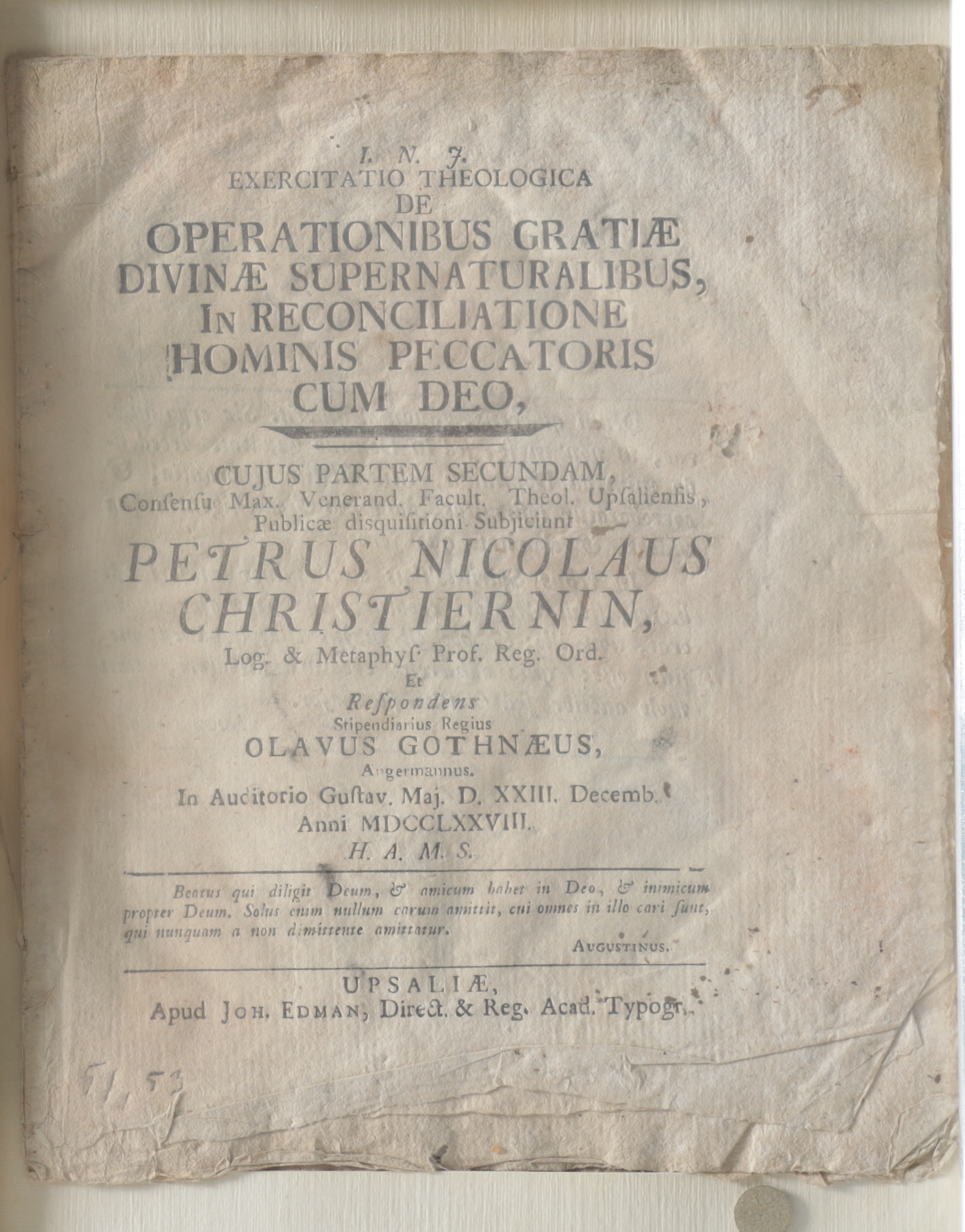 PETRUS NICOLAUS CHRISTIERNIN. skrift, "Exercita Theologica.....", Uppsala, 1778.
