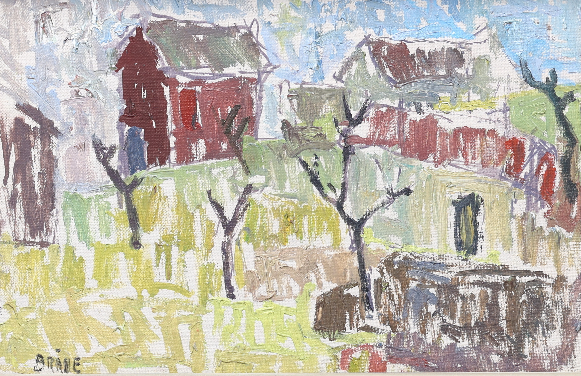 BARBRO BRÅNE. Lantmotiv olja på duk, signerad Bråne.