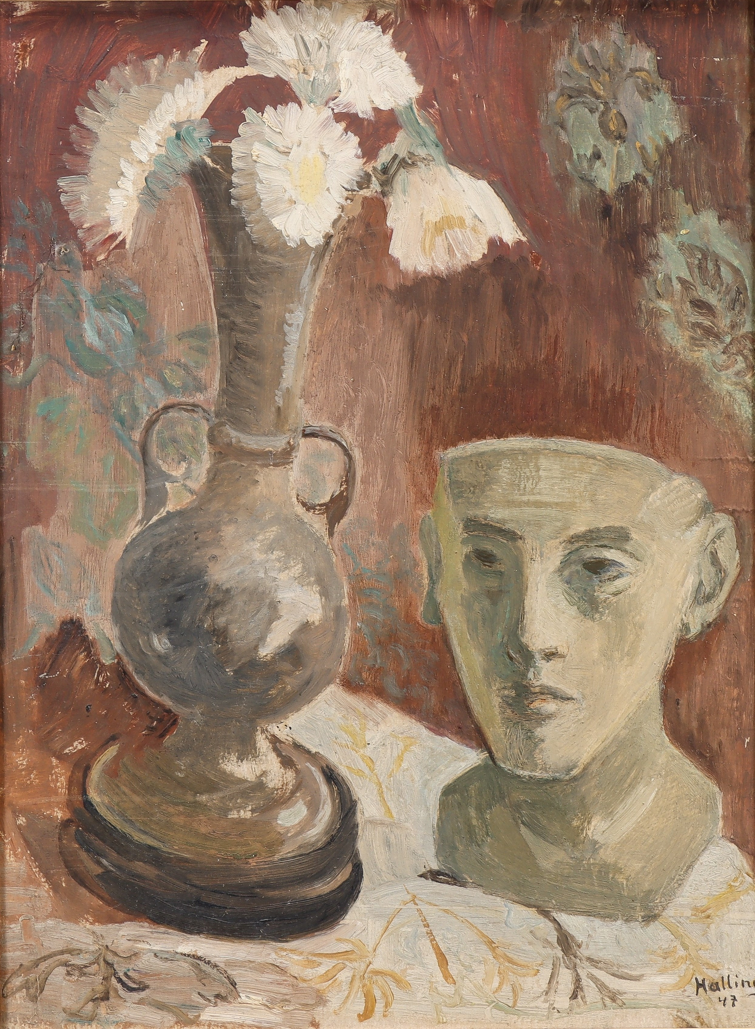 ELIN HALLING (1880-1970). Stilleben med blommor i vas samt huvud, 1947.