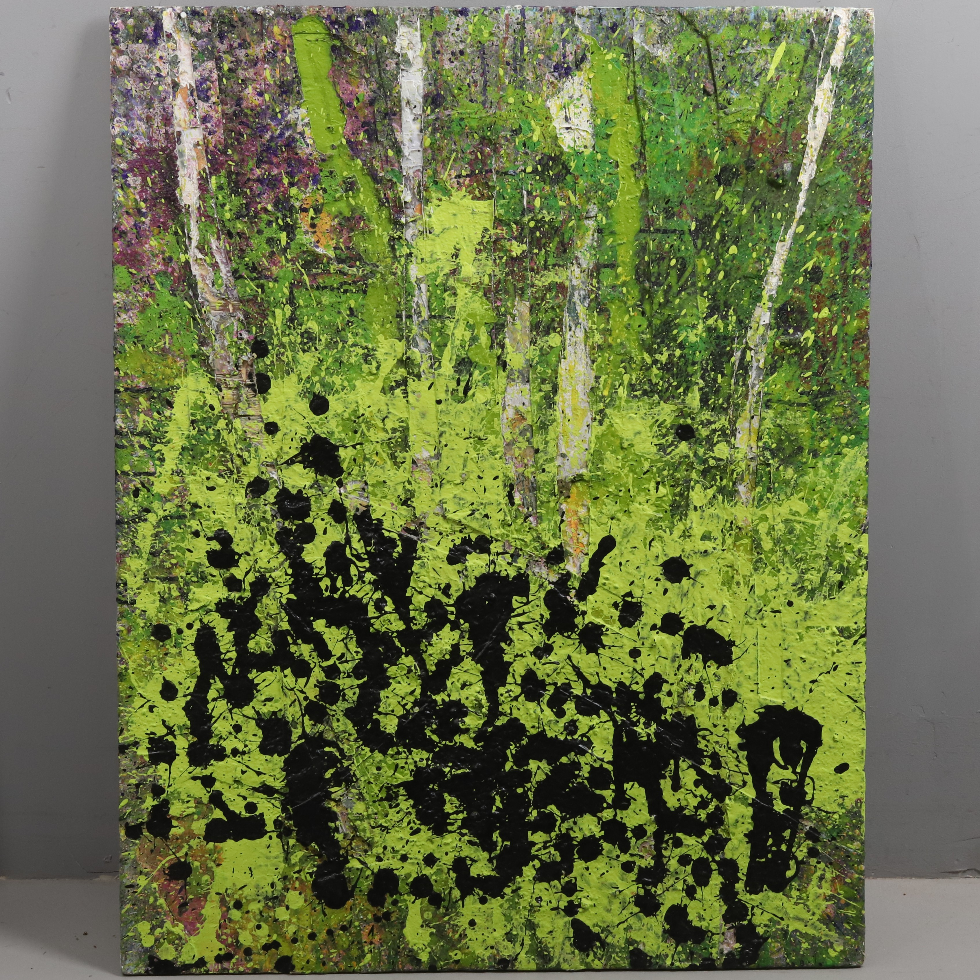 JAMES BATES. DÉCOLLAGE PÅ TRÄPANEL, "Green Vibes", signerad, 2026.