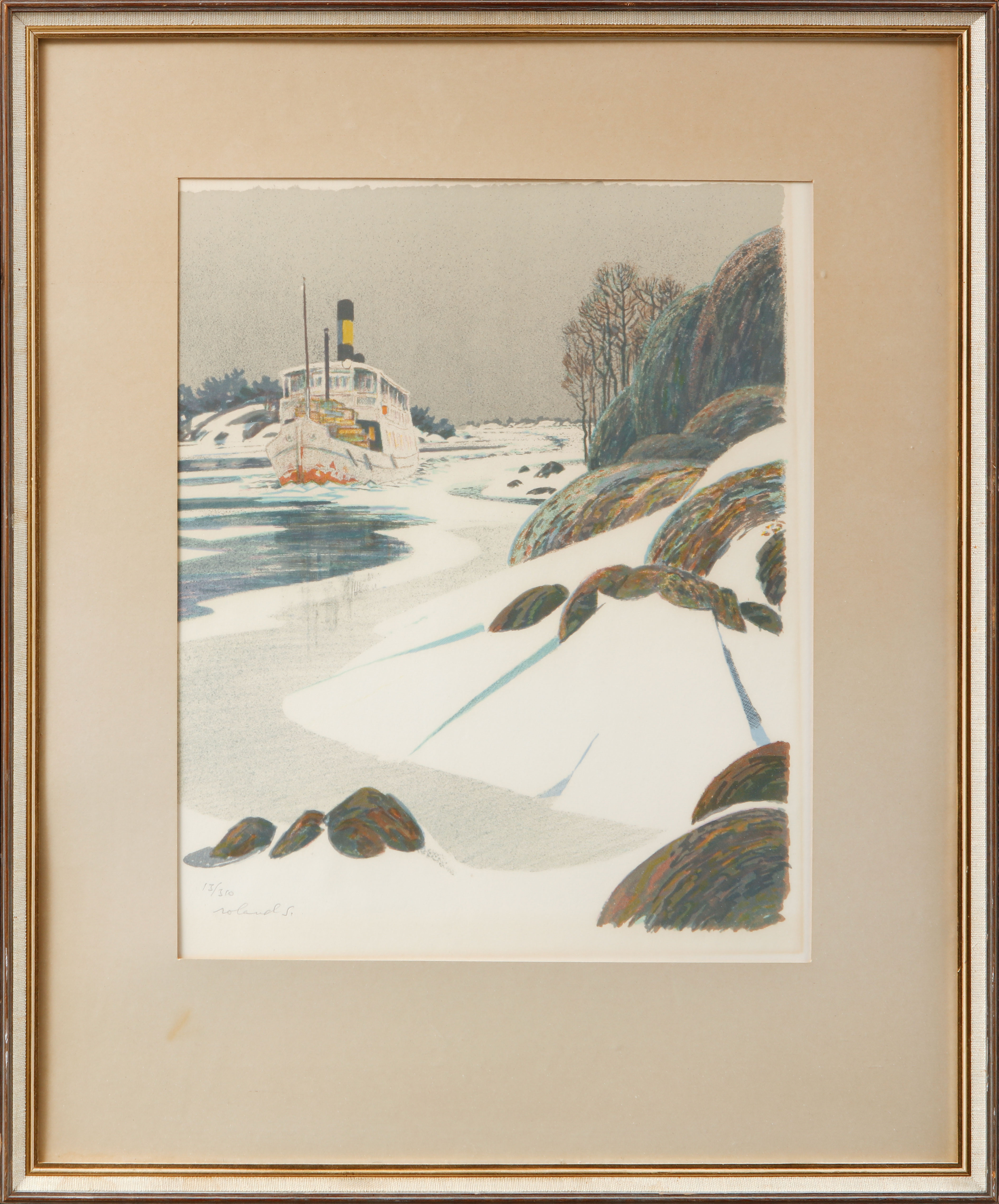 ROLAND SVENSSON. "Menföresbåten", färglitografi, signerad och numrerad 13/310.