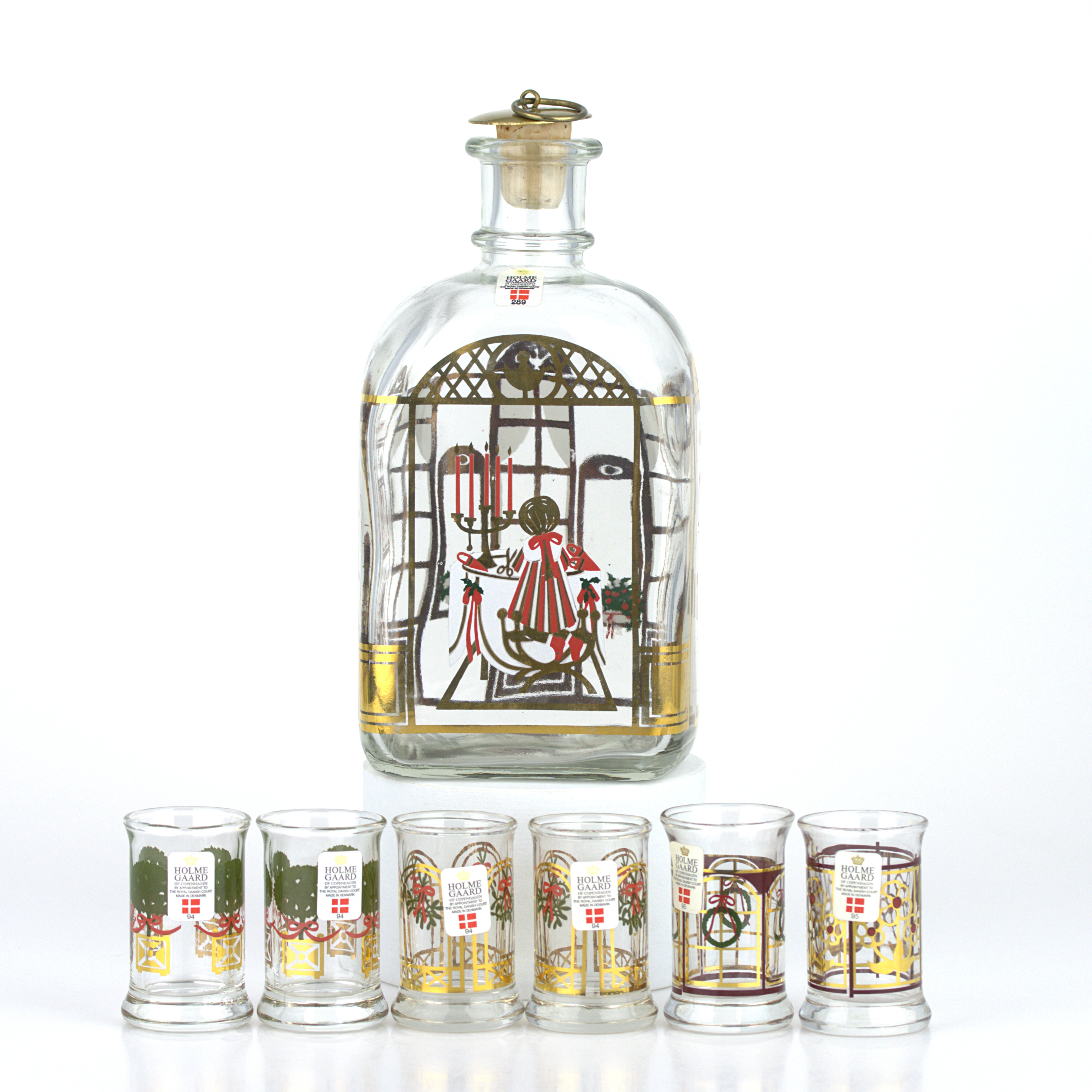 SNAPSFLASKA och SNAPSGLAS, 7 delar, bemålat glas, Holmegaard's Danmark.