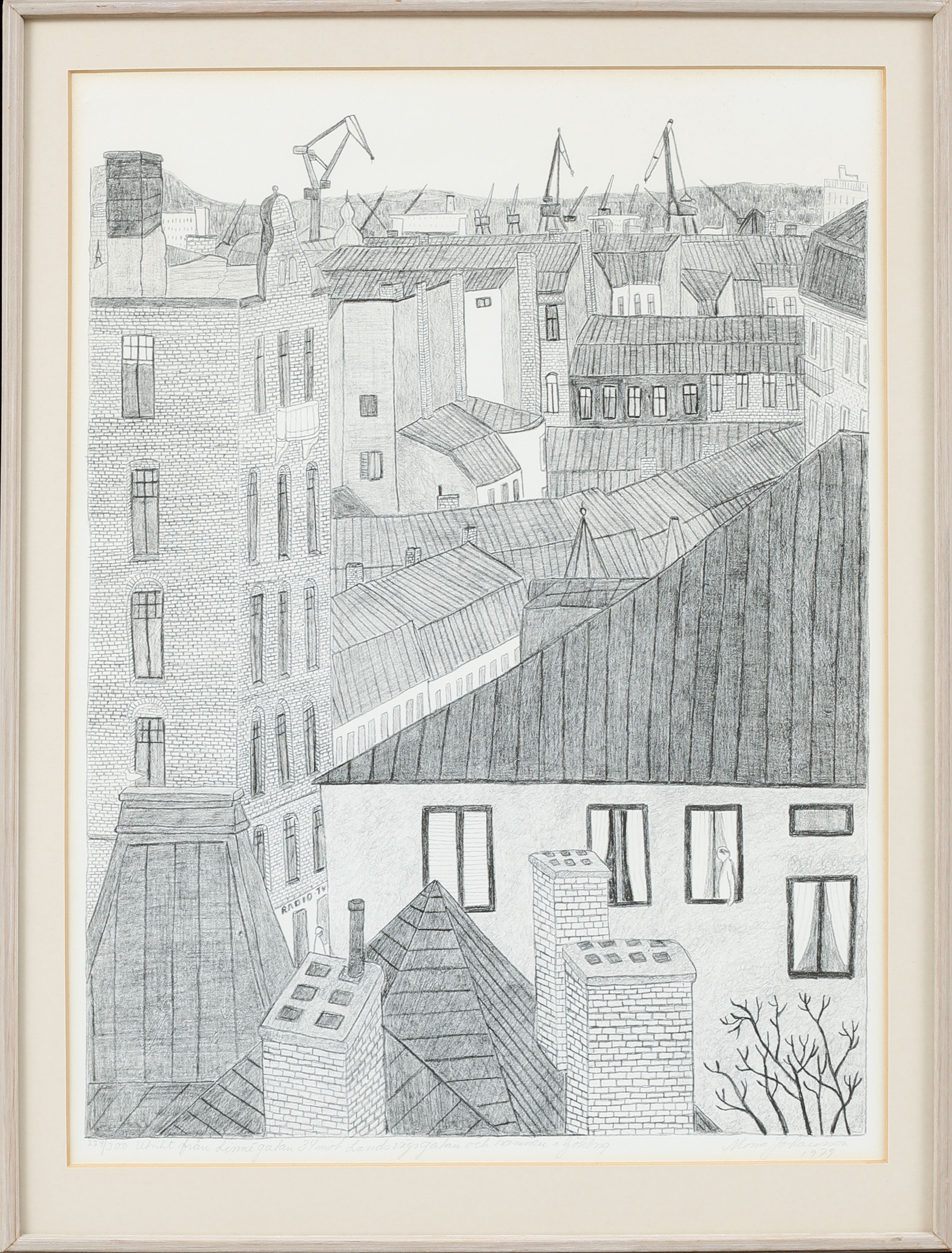 MONA JOHANSSON. "Utsikt från Linnegatan 34...", litografi, signerad och numrerad 224/300.