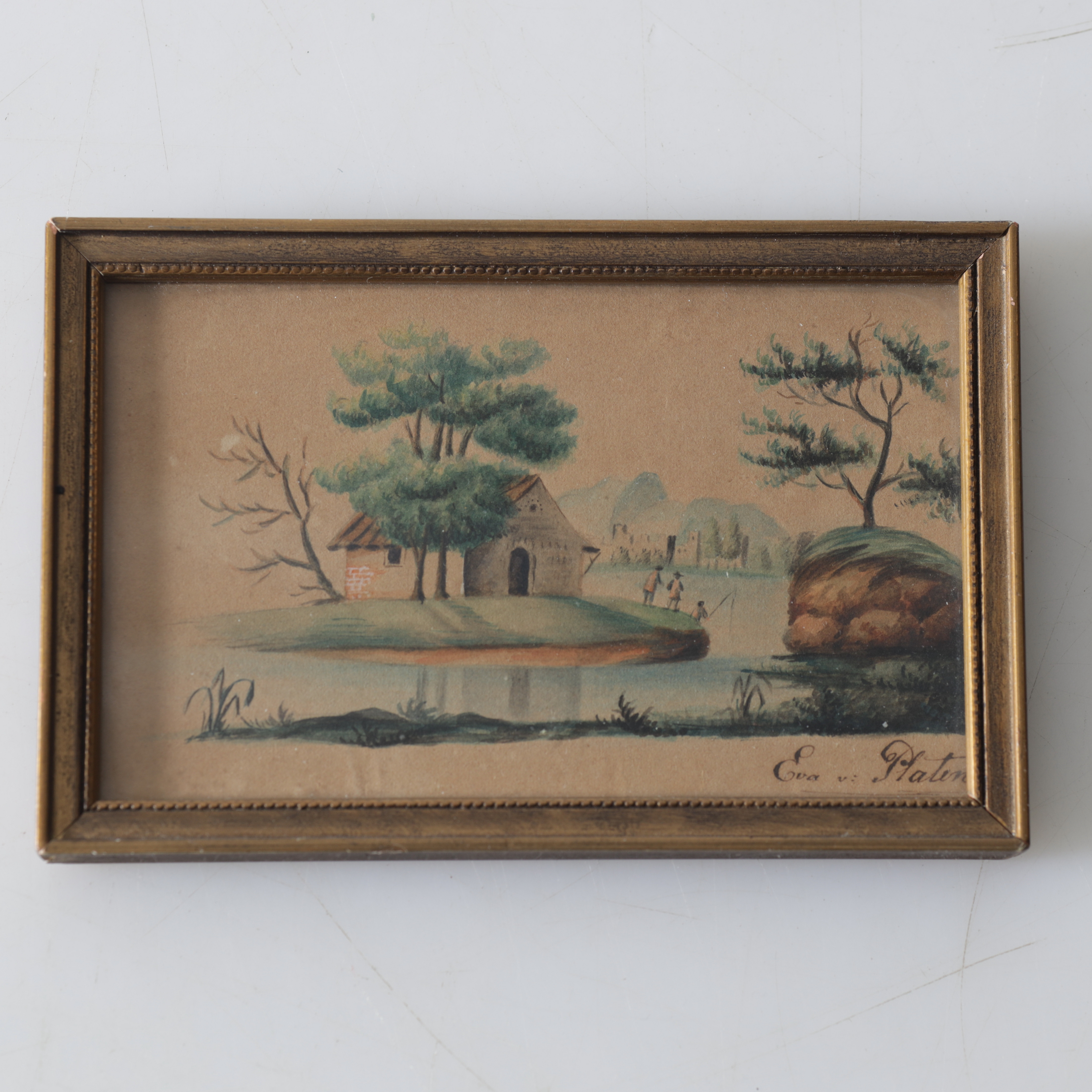 EVA VON PLATEN. Landskap med hus, akvarell, 1800-tal.