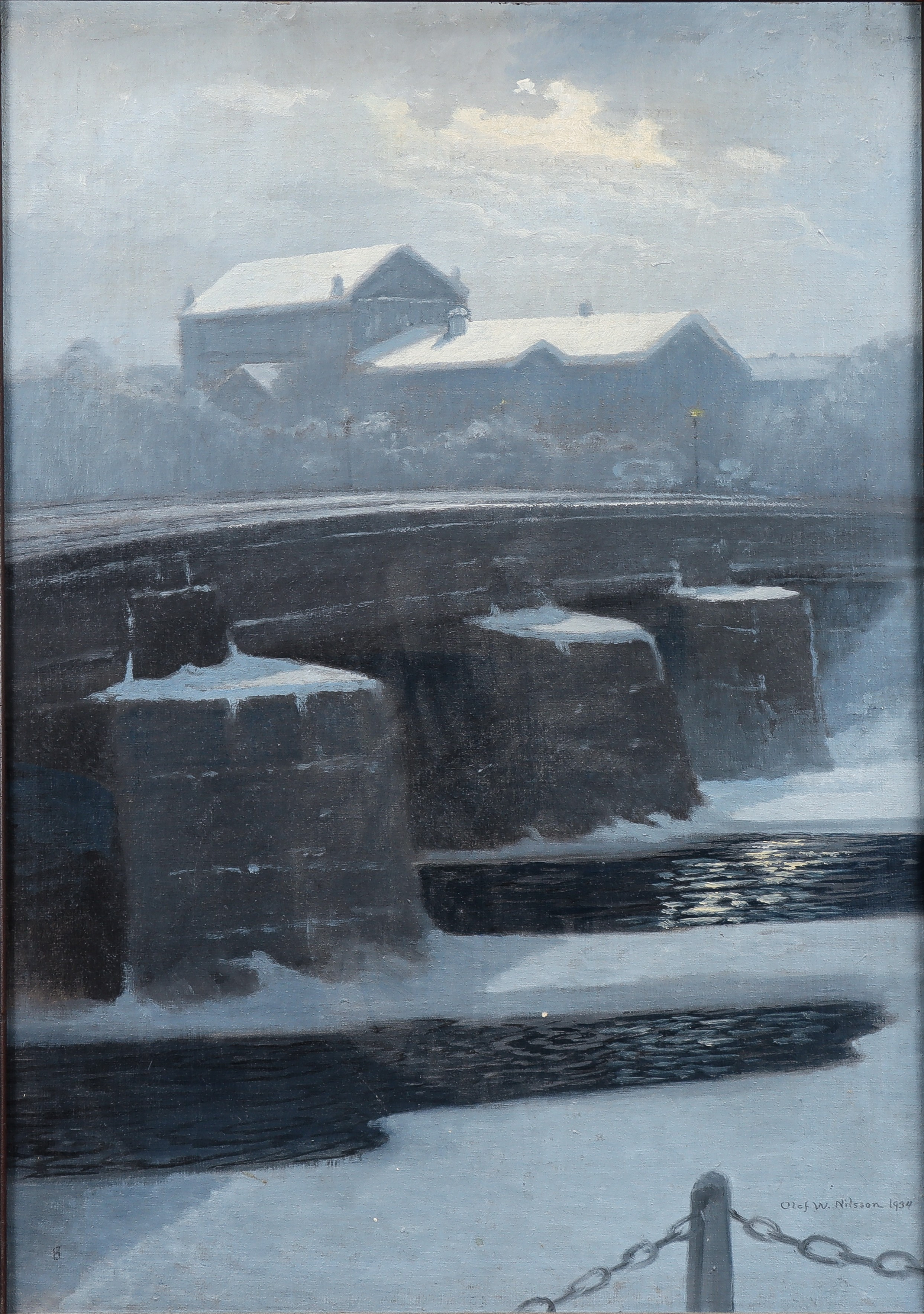 OLOF WALFRID NILSSON. "Vestra Bron (Månsken)" Motiv från Karlstad.