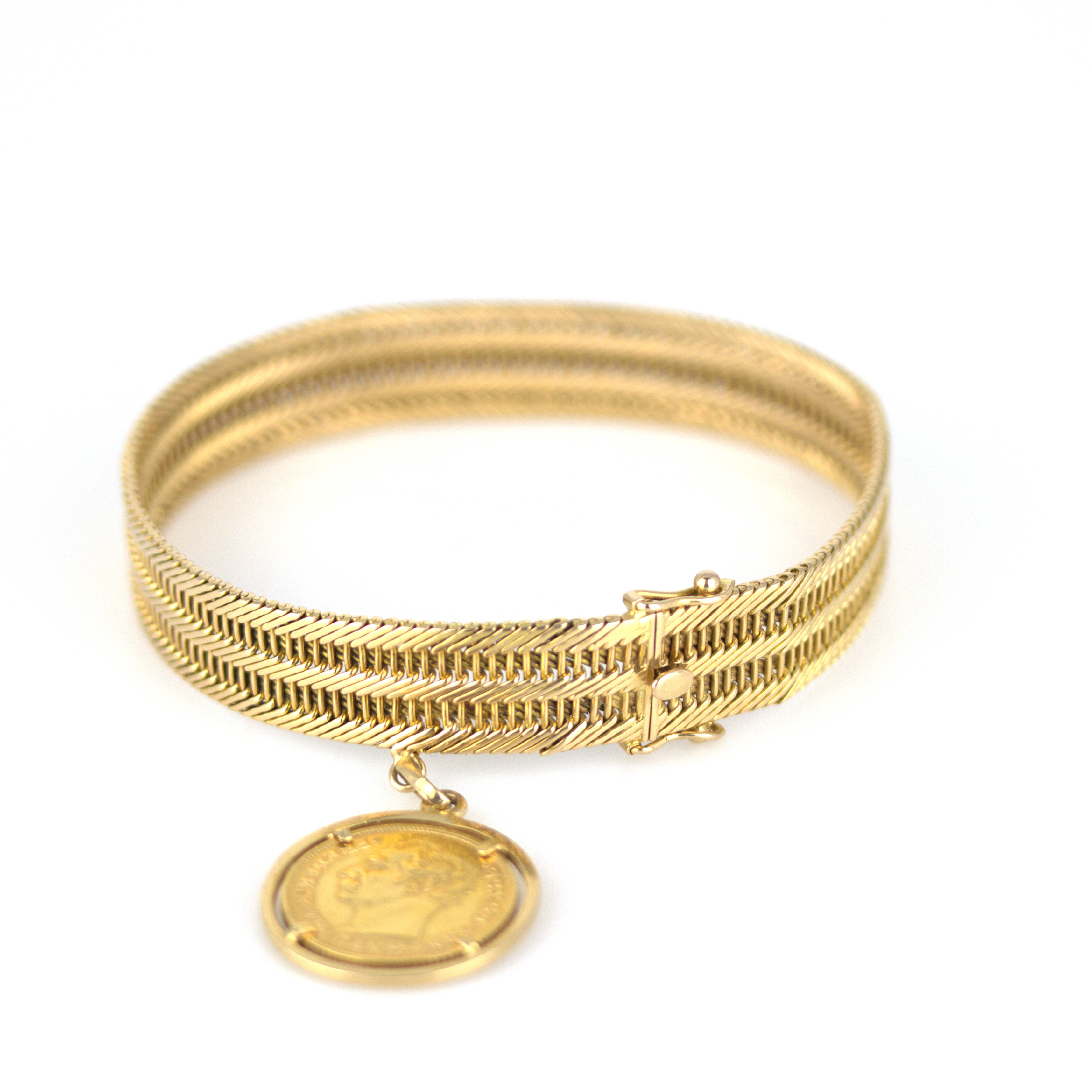 ARMBAND, guld 18k med danskt mynt Frederik VIII, 1909 21,6k.