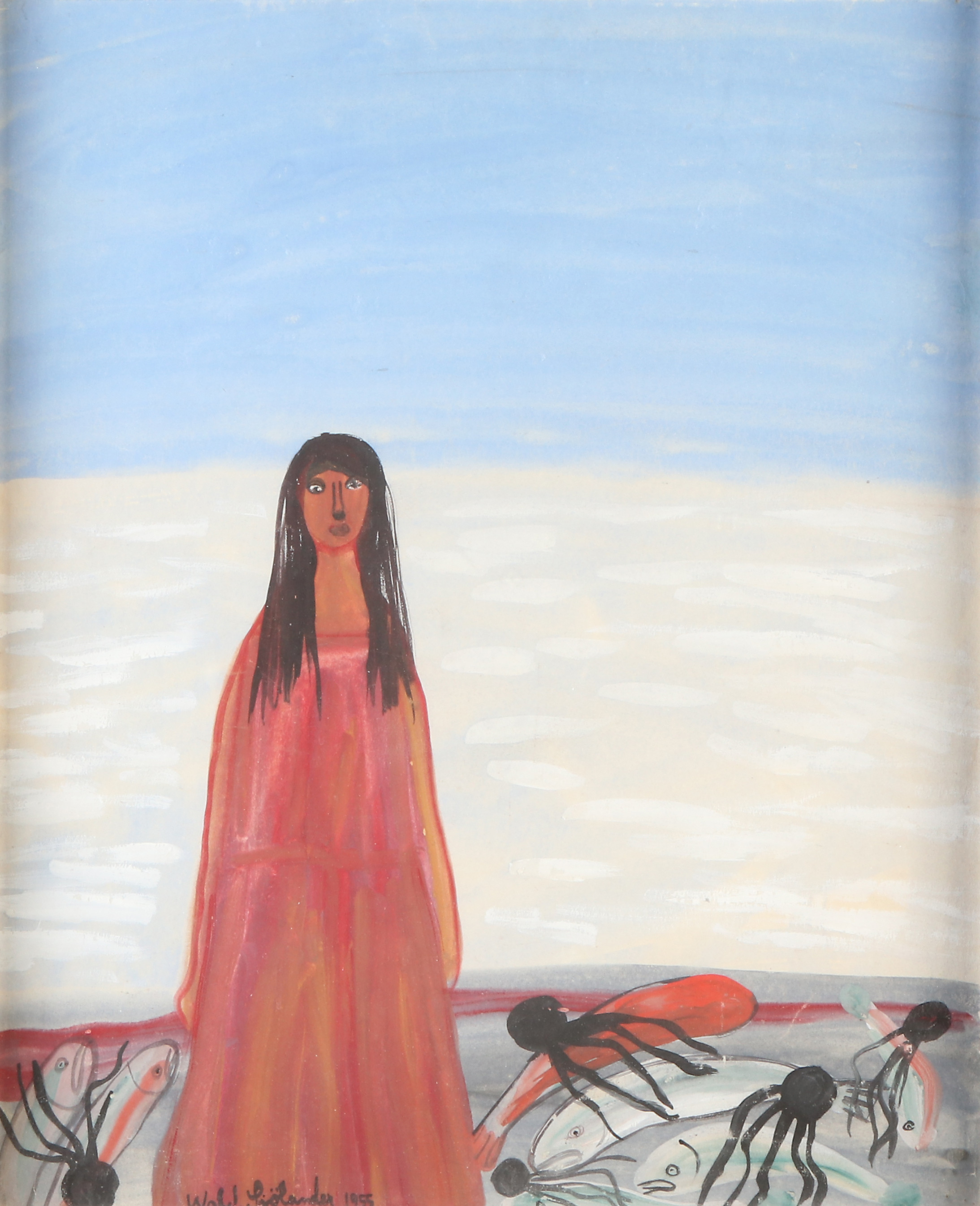 WALDEMAR SJÖLANDER. Gouache. Signerad och daterad 1955. Kvinna med havsvarelser.