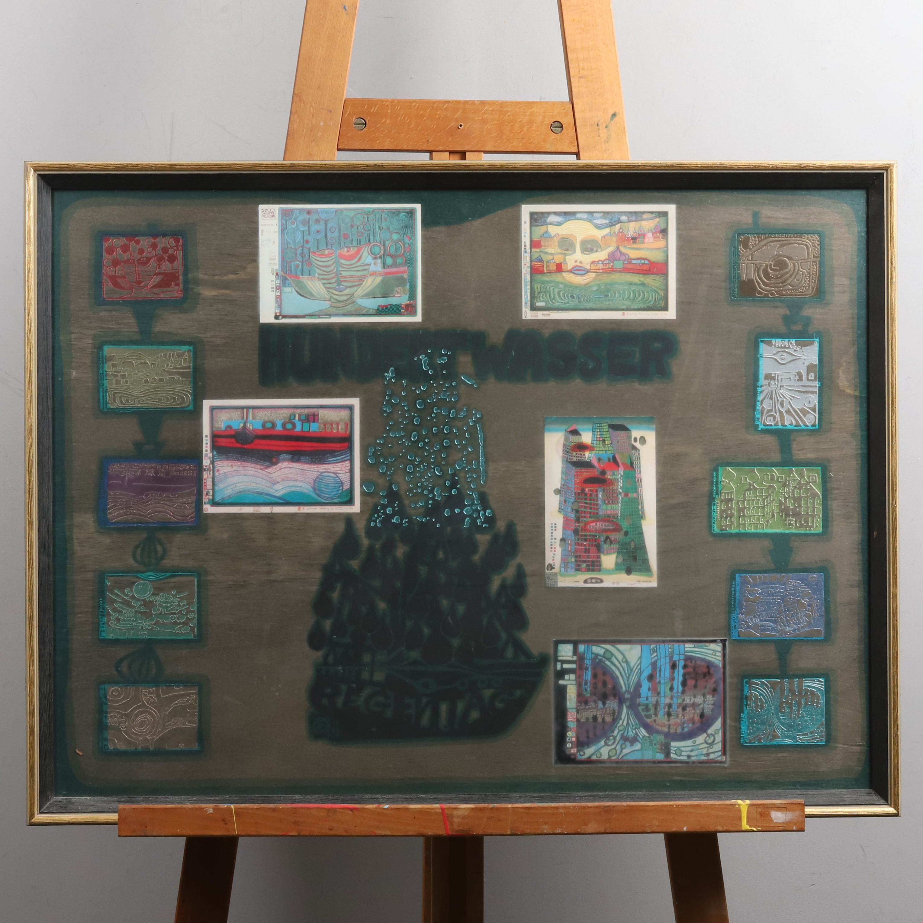 FRIEDENSREICH HUNDERTWASSER. SERIEGRAFI, tryckt dekor "Look at it on a rainy day", dubbelsidig,1971/72, , 49,5 x 67 cm. signerad & numrerad, 615/3000.