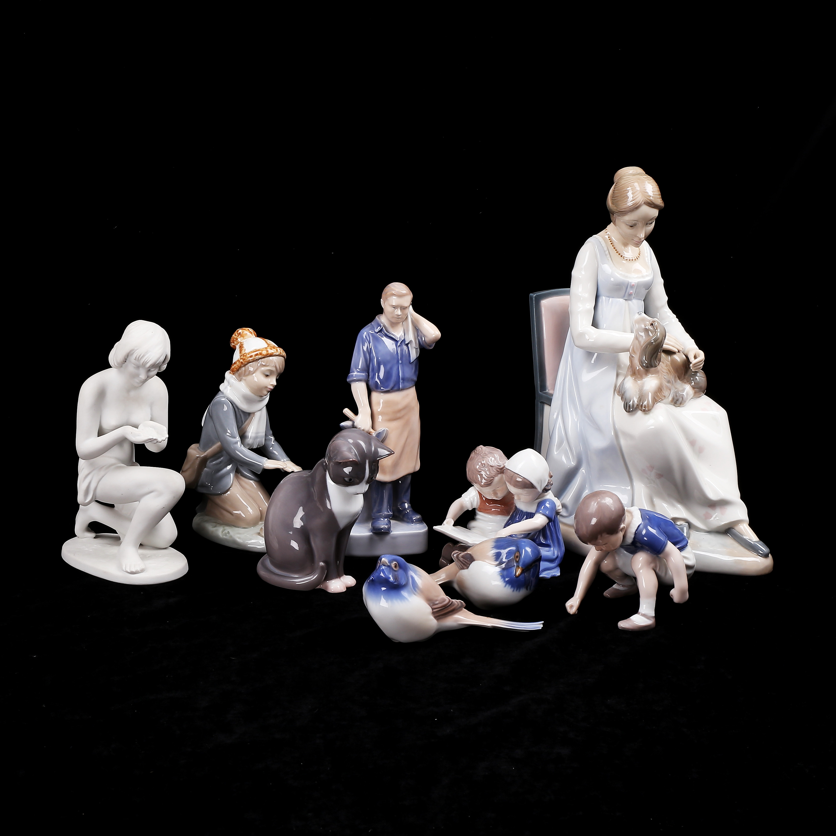FIGURINER, 9 st, porslin, Danmark, Spanien.