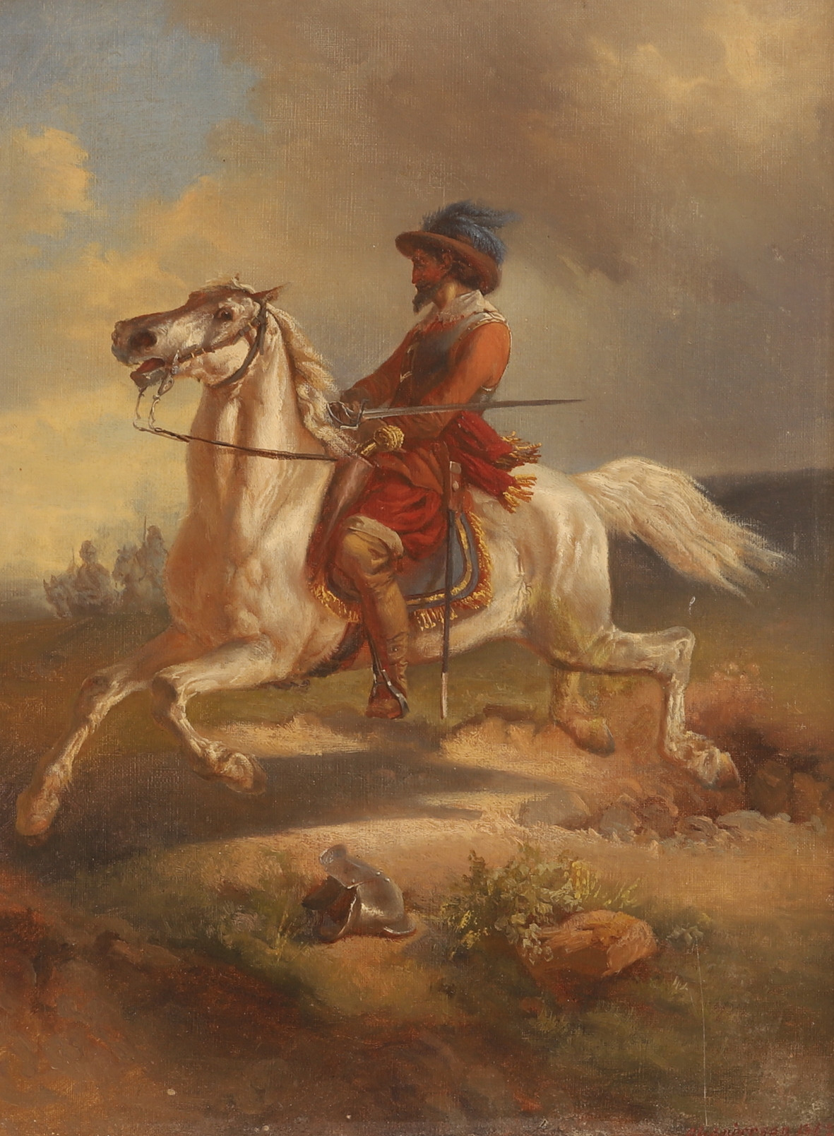 OSKAR LENNART ANDERSSON. Olja på duk, man till häst, signerad.