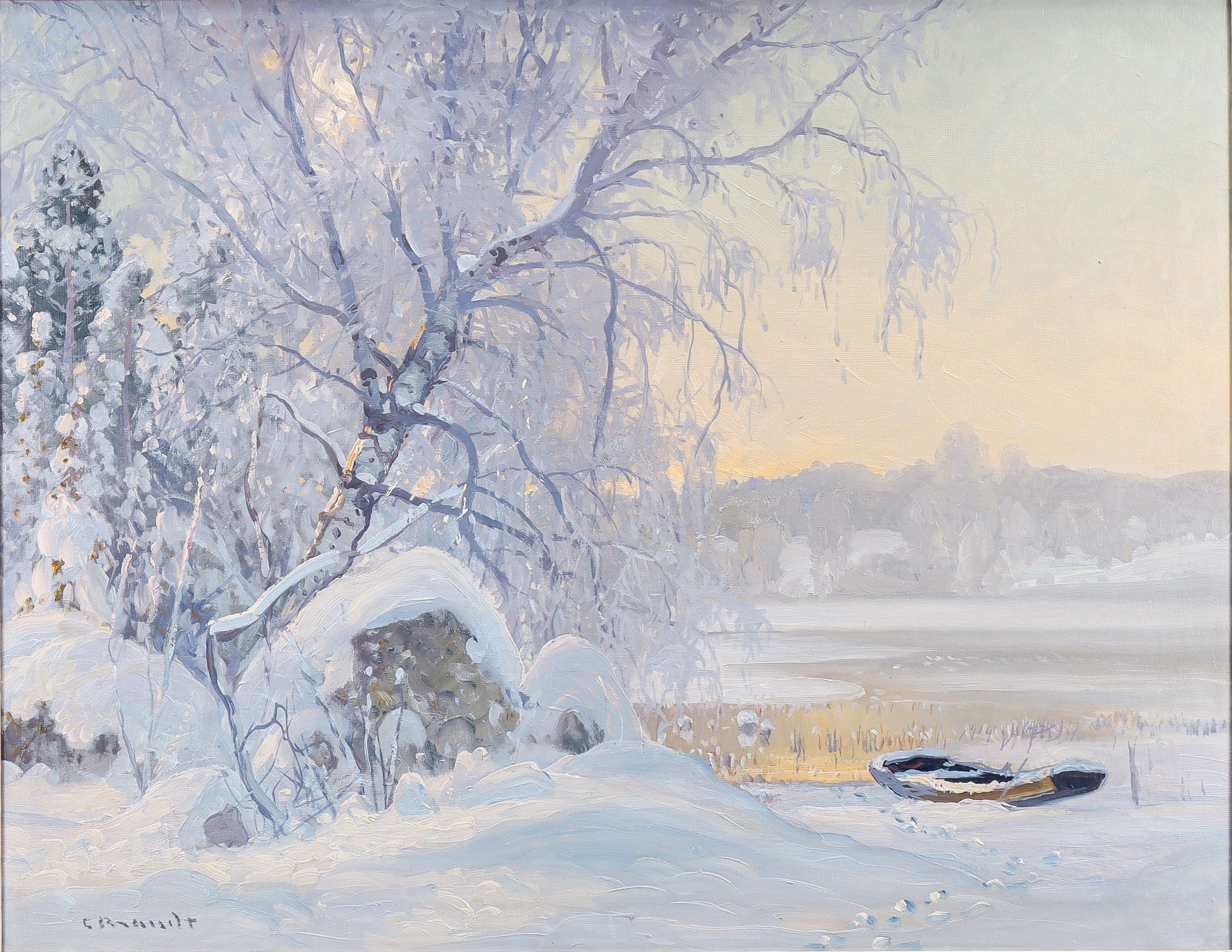 CARL BRANDT. Vinterlandskap med eka.