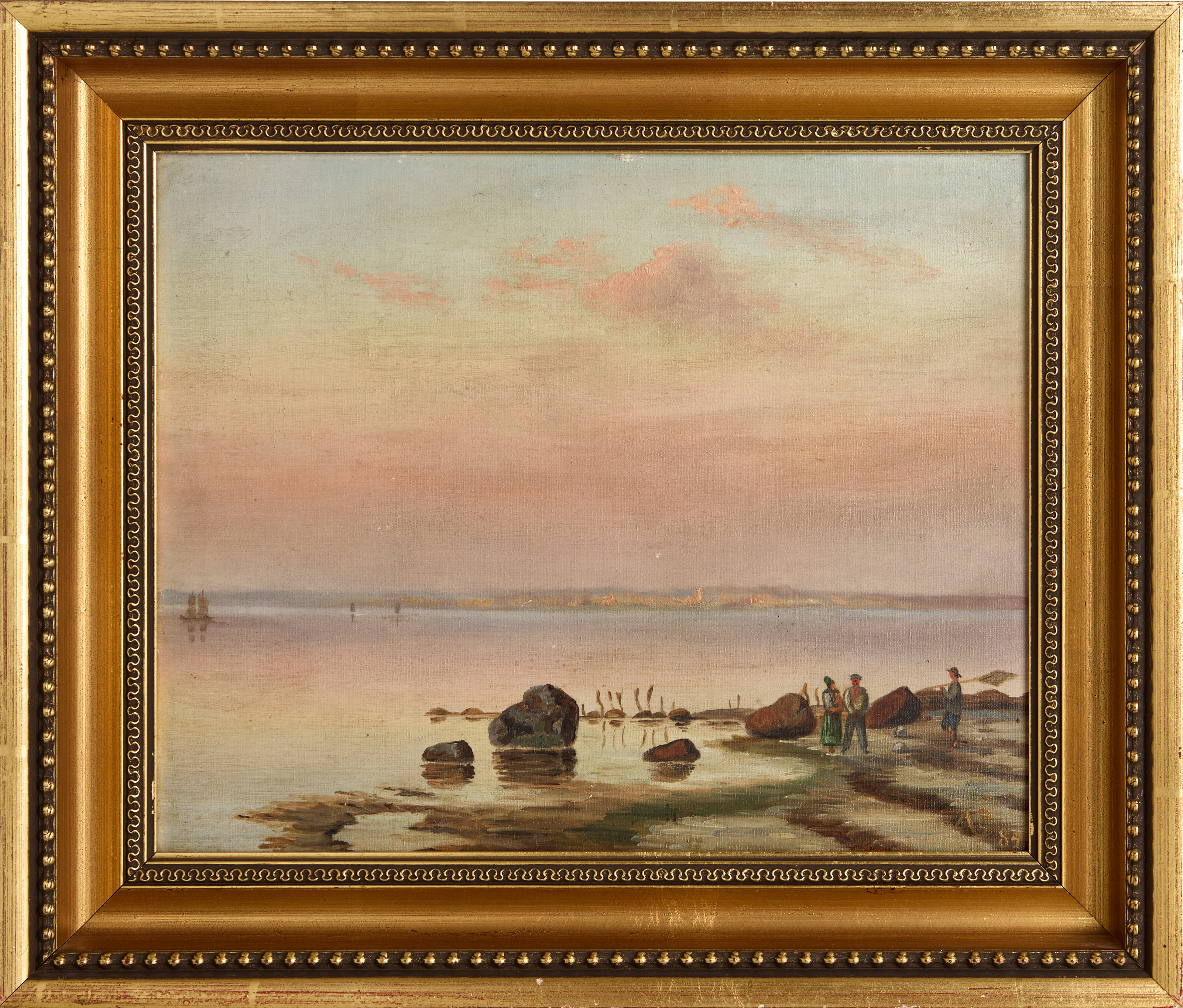 ALBERT GOTTSCHALK (DANMARK, 1866-1906). Figurer vid strandkant, monogramsignerad och daterad AG -89, olja på duk uppfodrad på pannå.