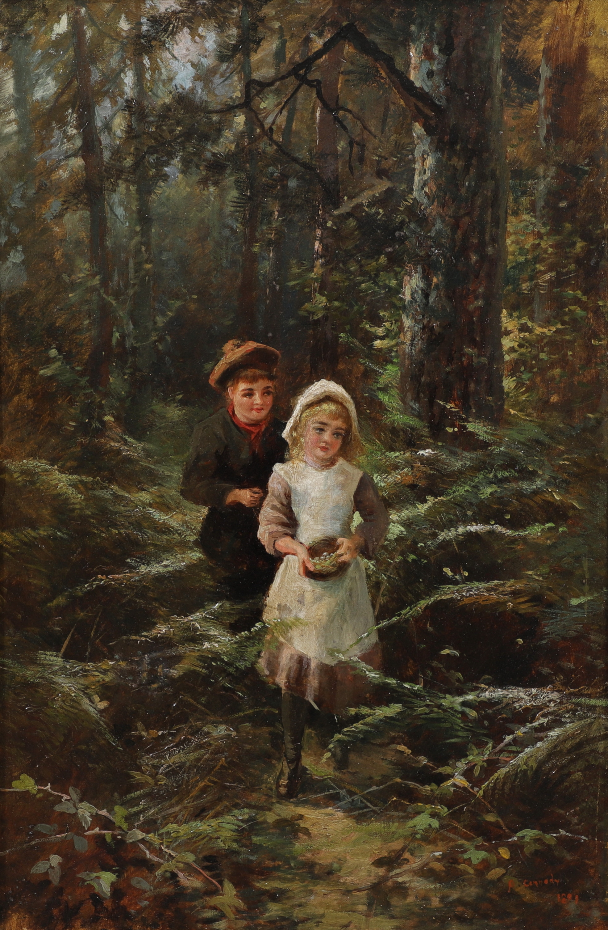 OIDENTIFIERAD KONSTNÄR. Barn plockar bär i skog, olja på duk, signerad "P Cennedy 1881".